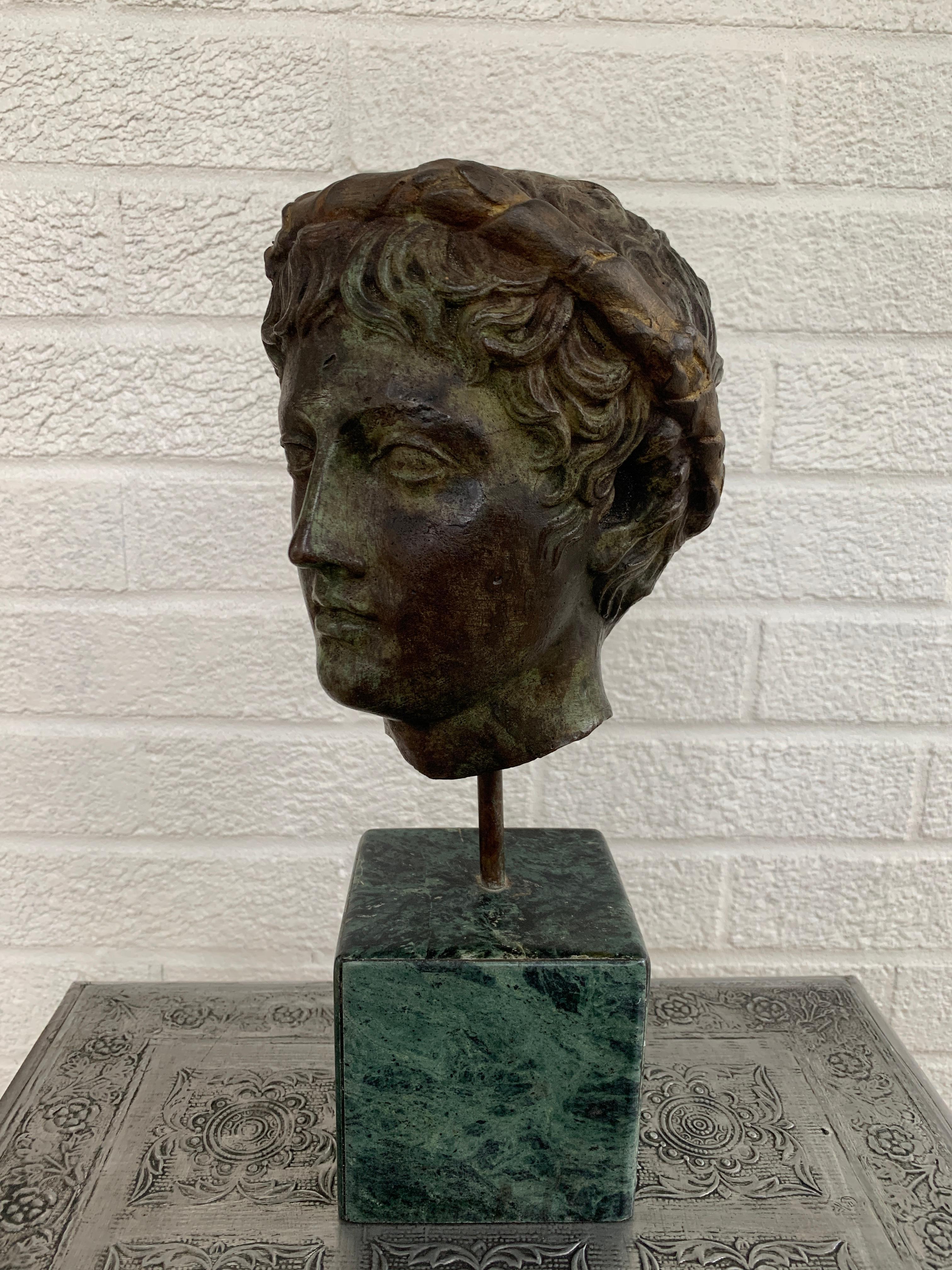 Classical Brass Verdigris Mythological Male Bust Sculpture on Marble Base 6