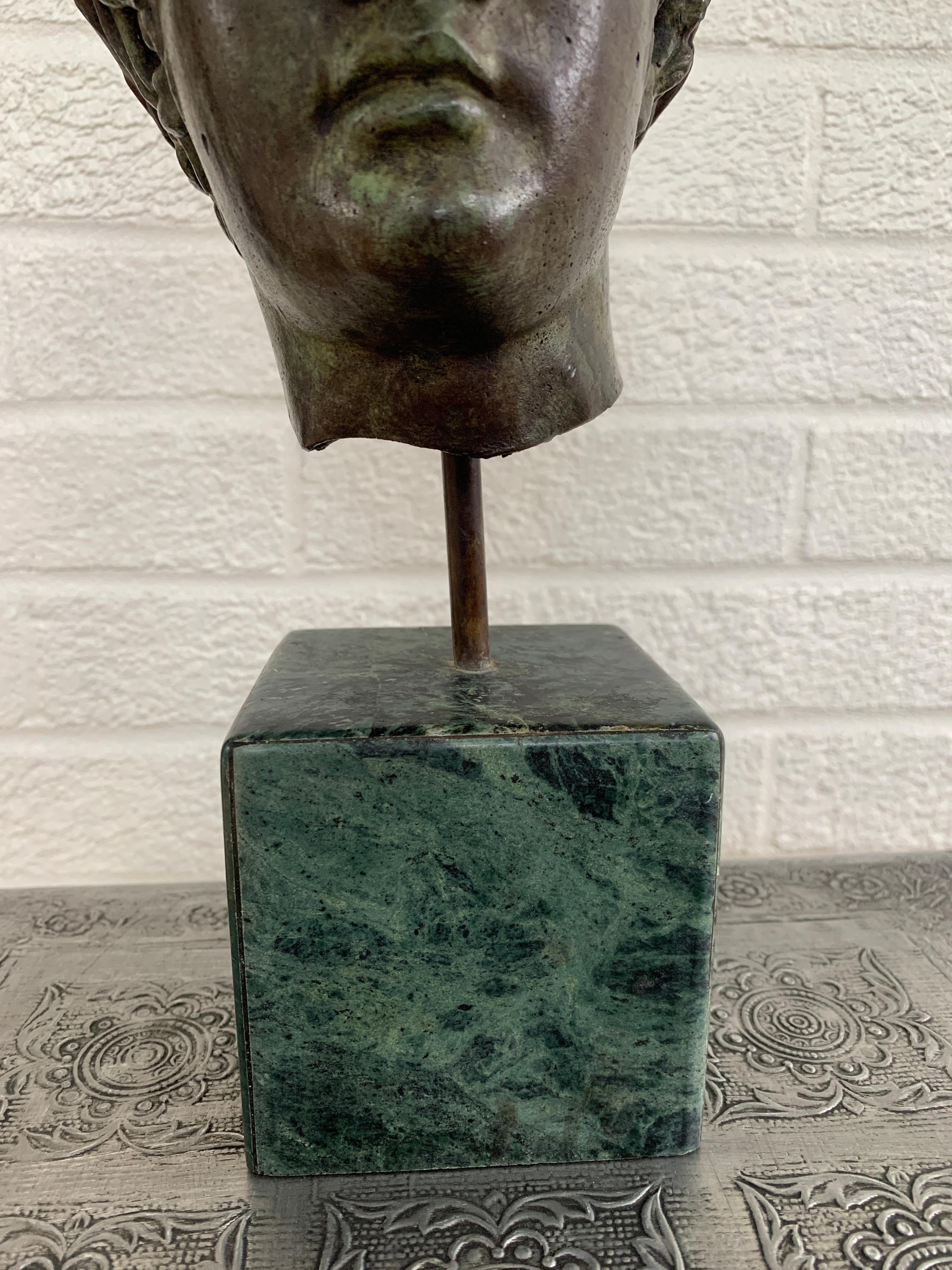 American Classical Brass Verdigris Mythological Male Bust Sculpture on Marble Base