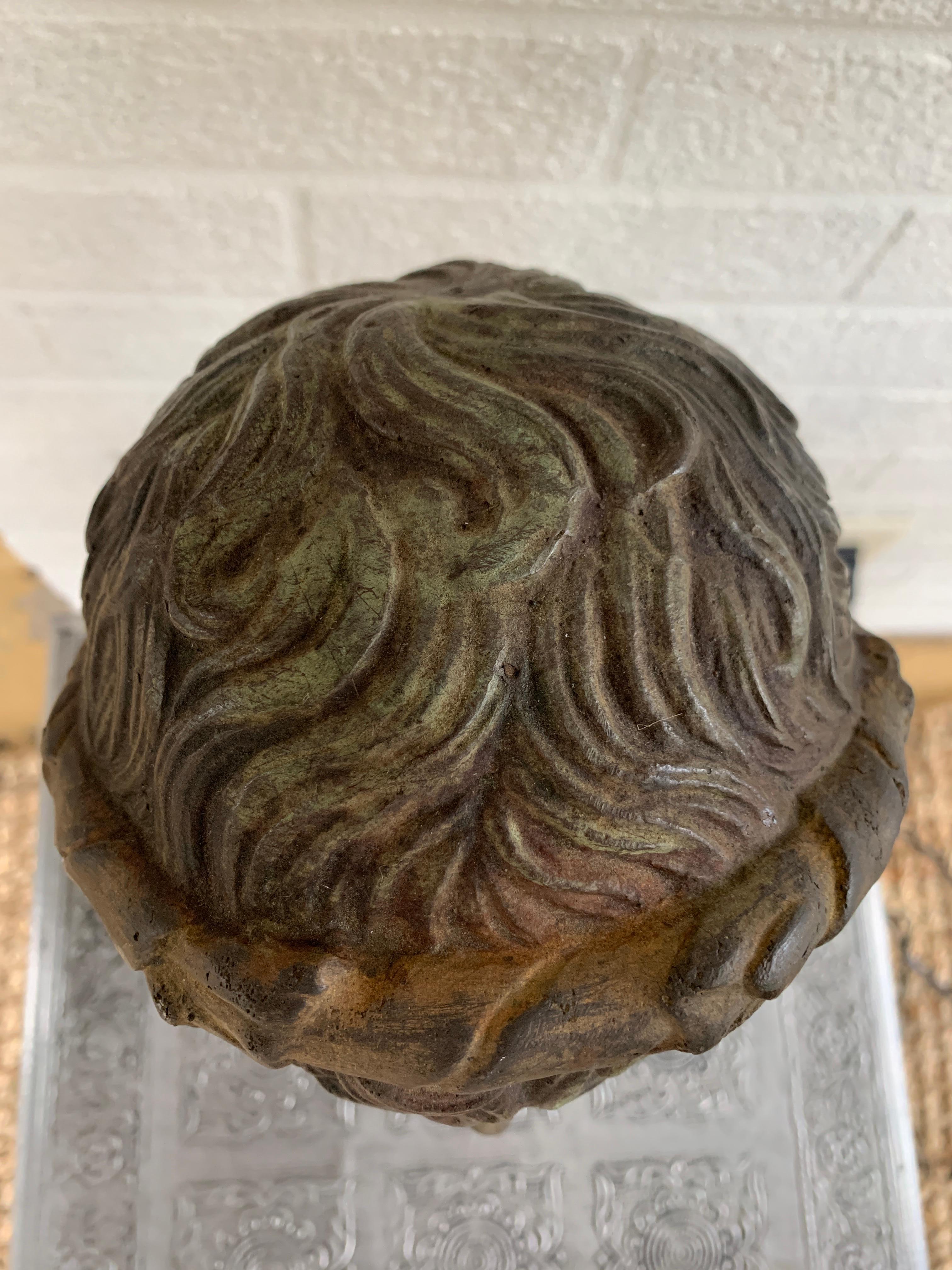 Classical Brass Verdigris Mythological Male Bust Sculpture on Marble Base In Good Condition In Elkhart, IN