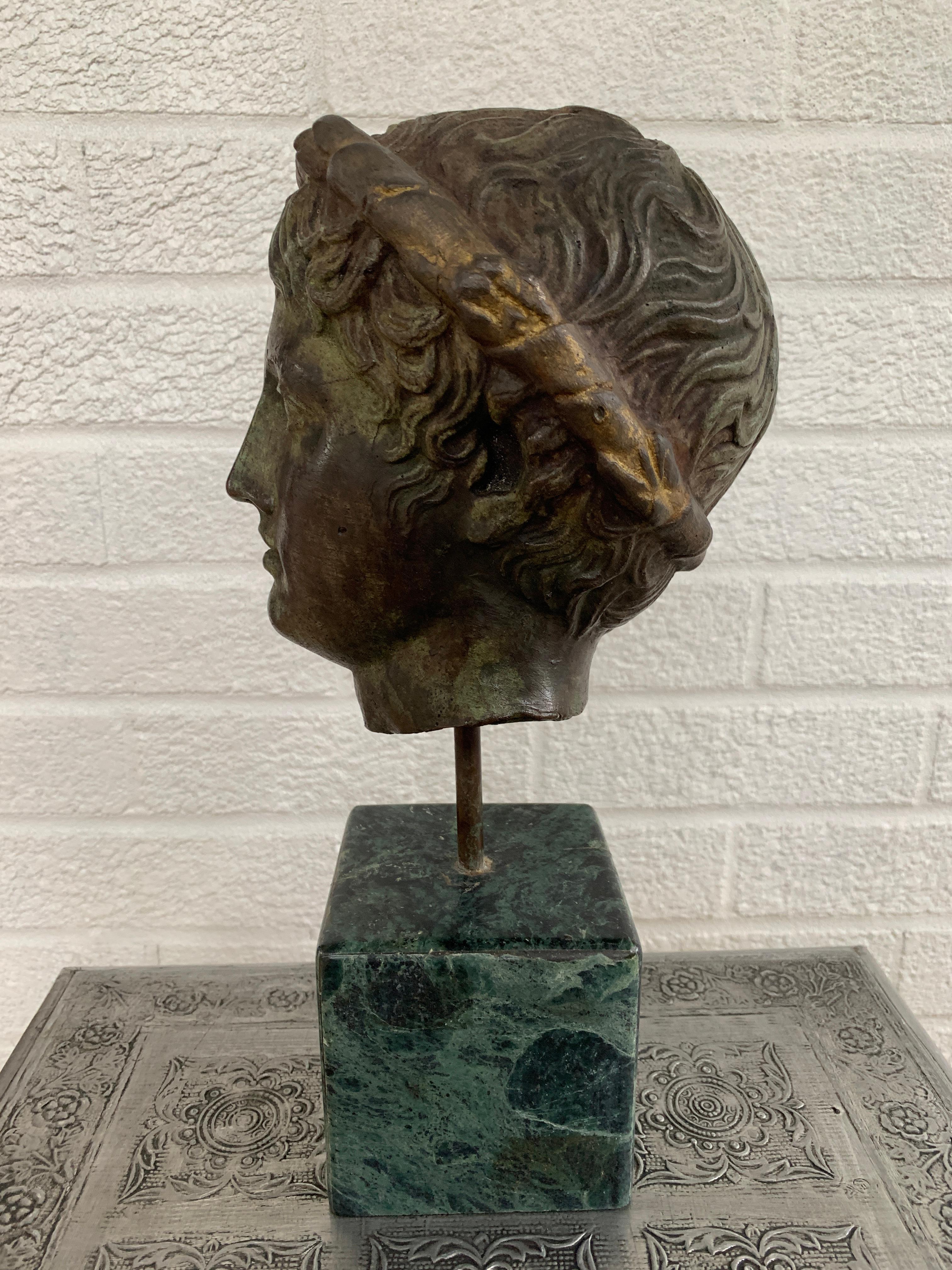 20th Century Classical Brass Verdigris Mythological Male Bust Sculpture on Marble Base