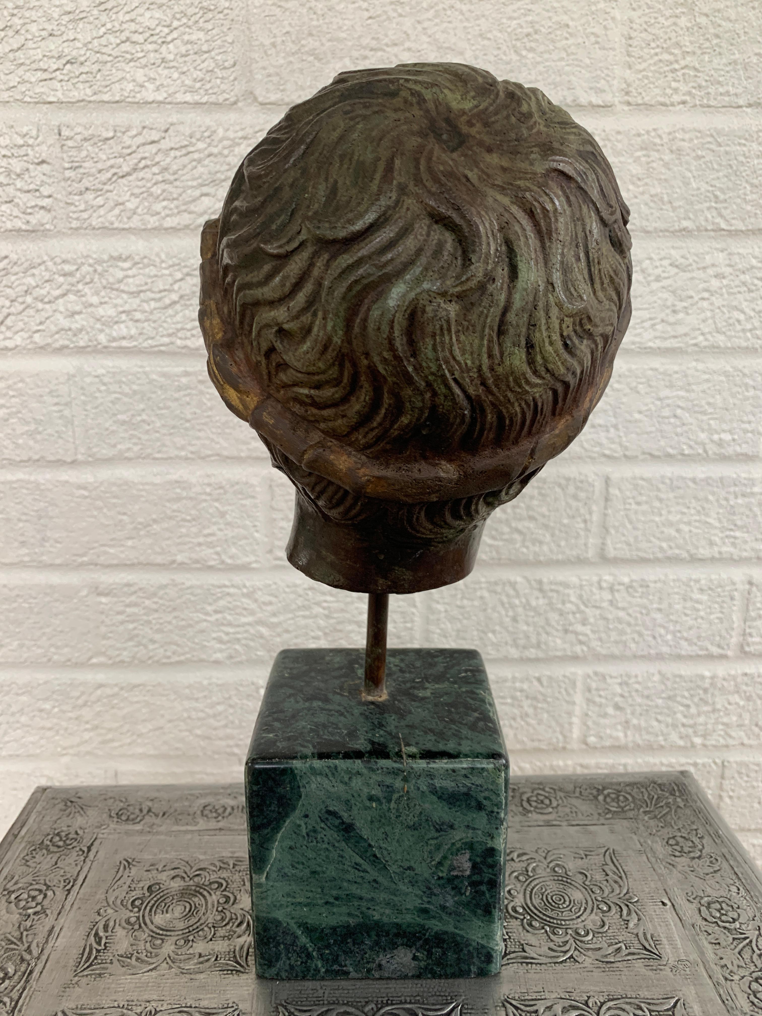 Classical Brass Verdigris Mythological Male Bust Sculpture on Marble Base 1