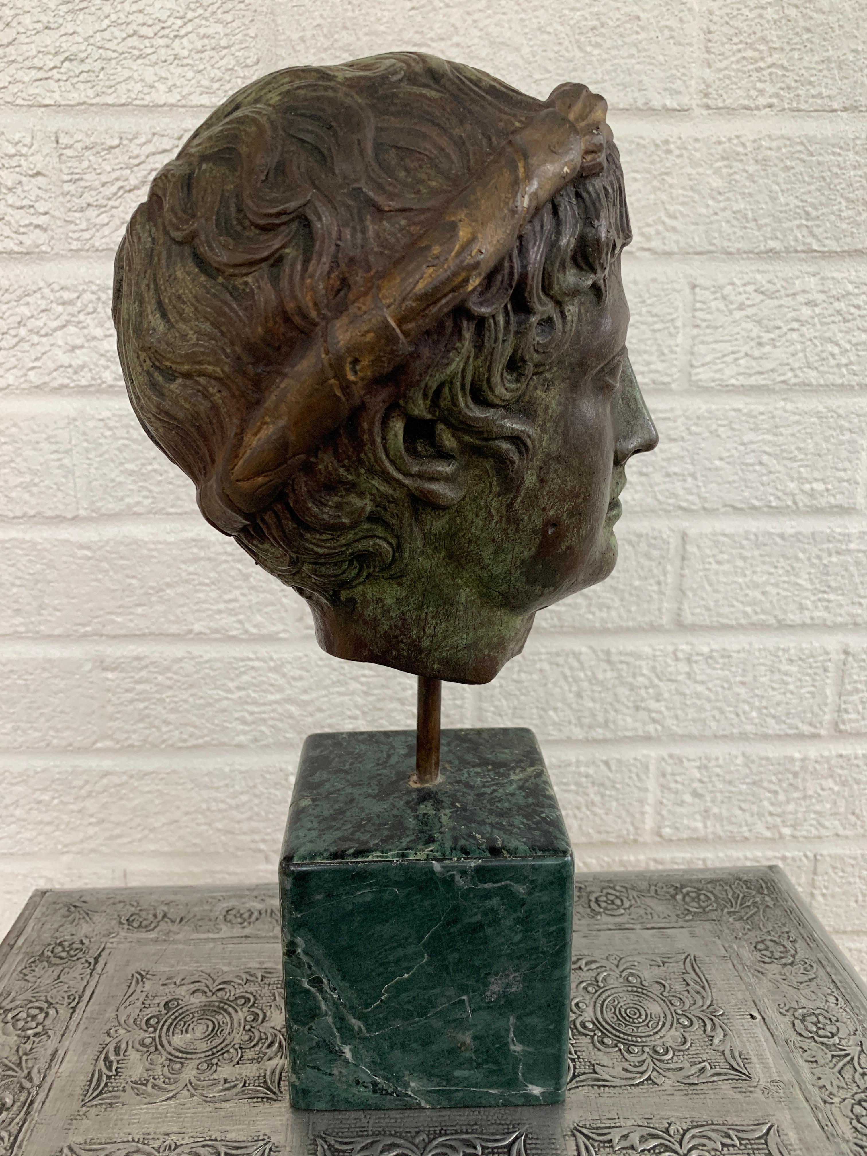 Classical Brass Verdigris Mythological Male Bust Sculpture on Marble Base 2