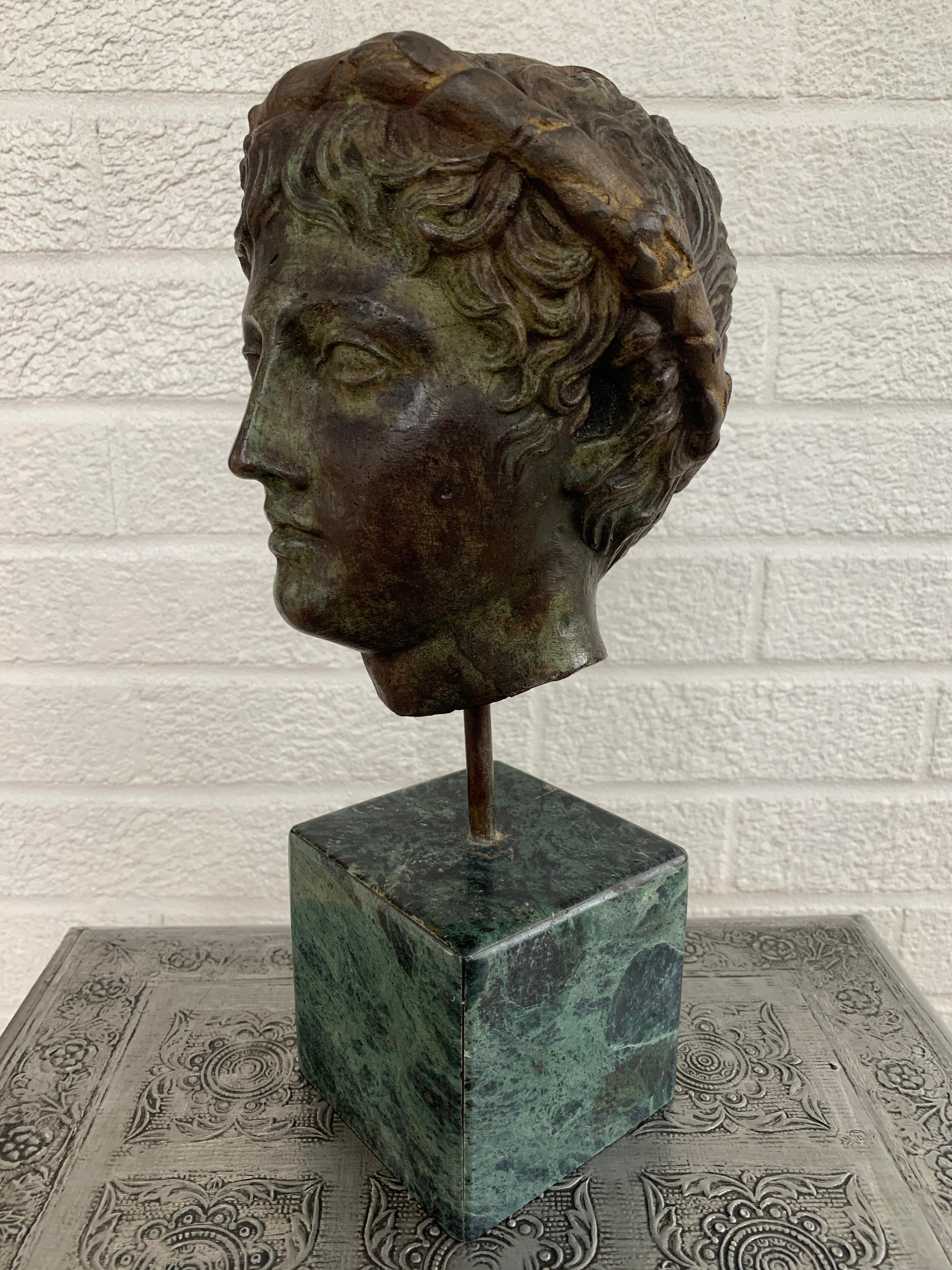 Classical Brass Verdigris Mythological Male Bust Sculpture on Marble Base 3