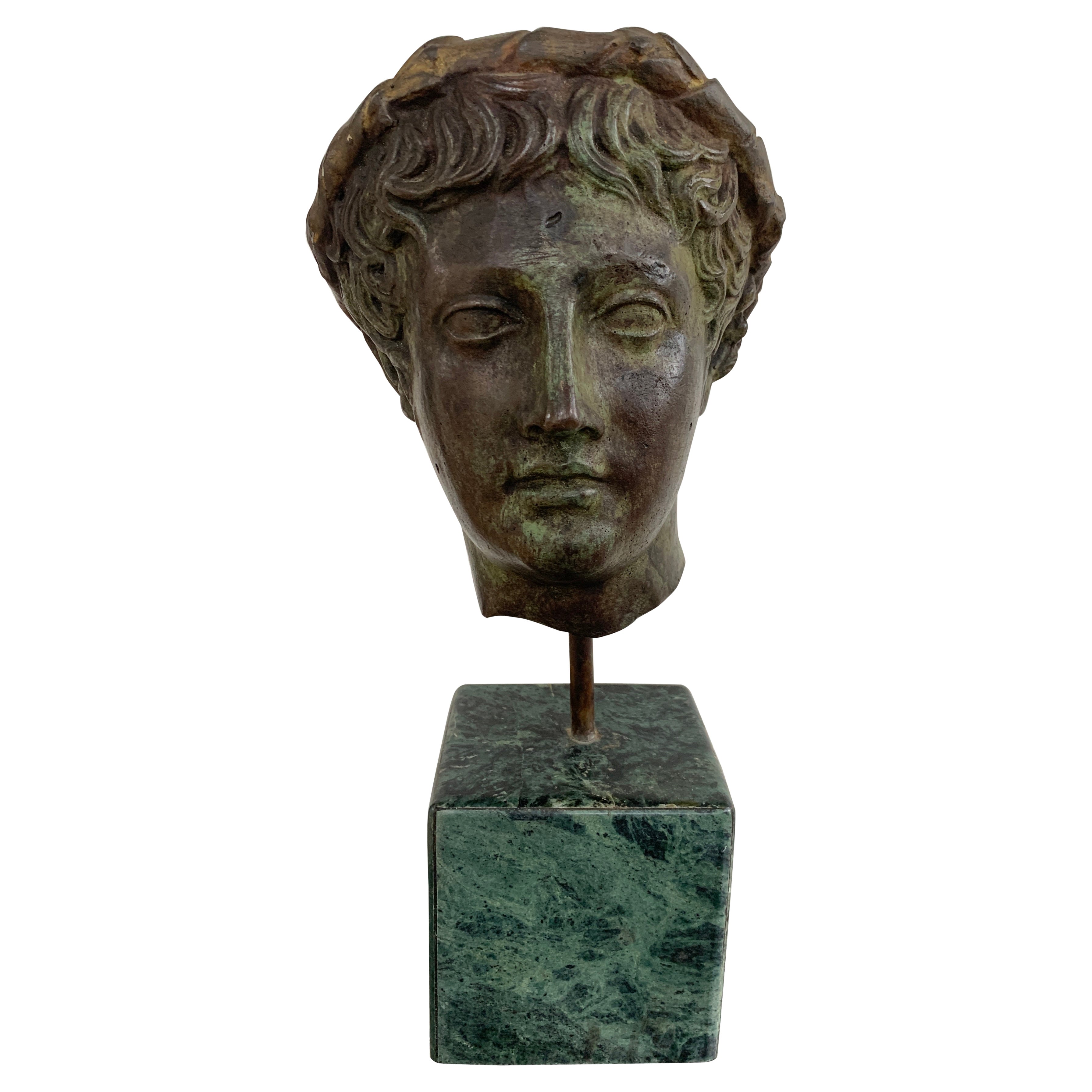 Classical Brass Verdigris Mythological Male Bust Sculpture on Marble Base