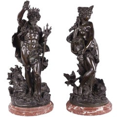 Antique Classical Bronze 19th Century Statues of Neptune and Aphrodite, Signed; Moreau