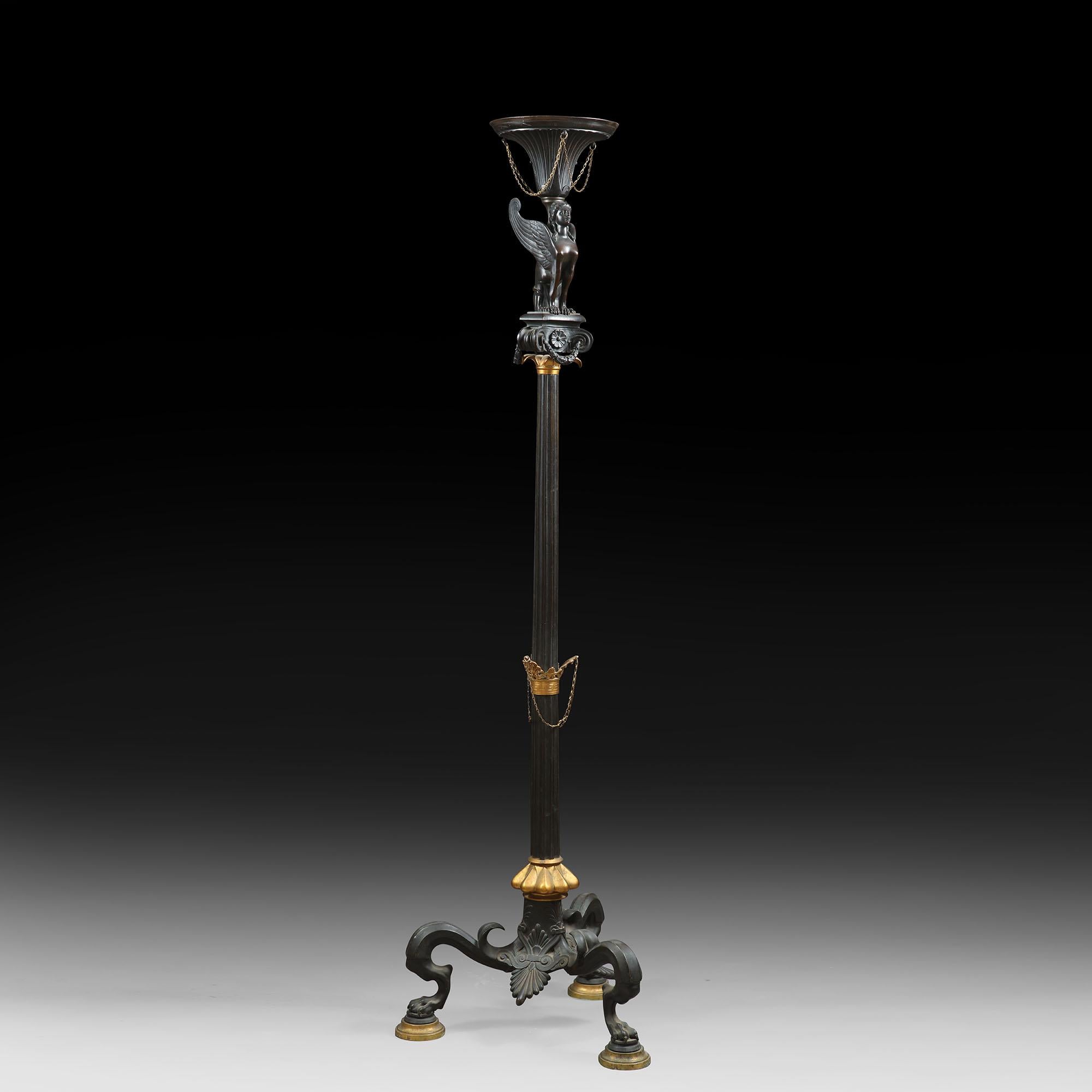 Classical Roman Classical Bronze and Gilt Bronze Torchere with a Winged Sphinx
