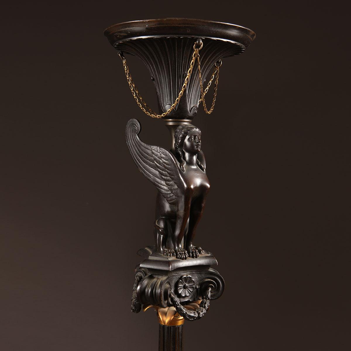 English Classical Bronze and Gilt Bronze Torchere with a Winged Sphinx