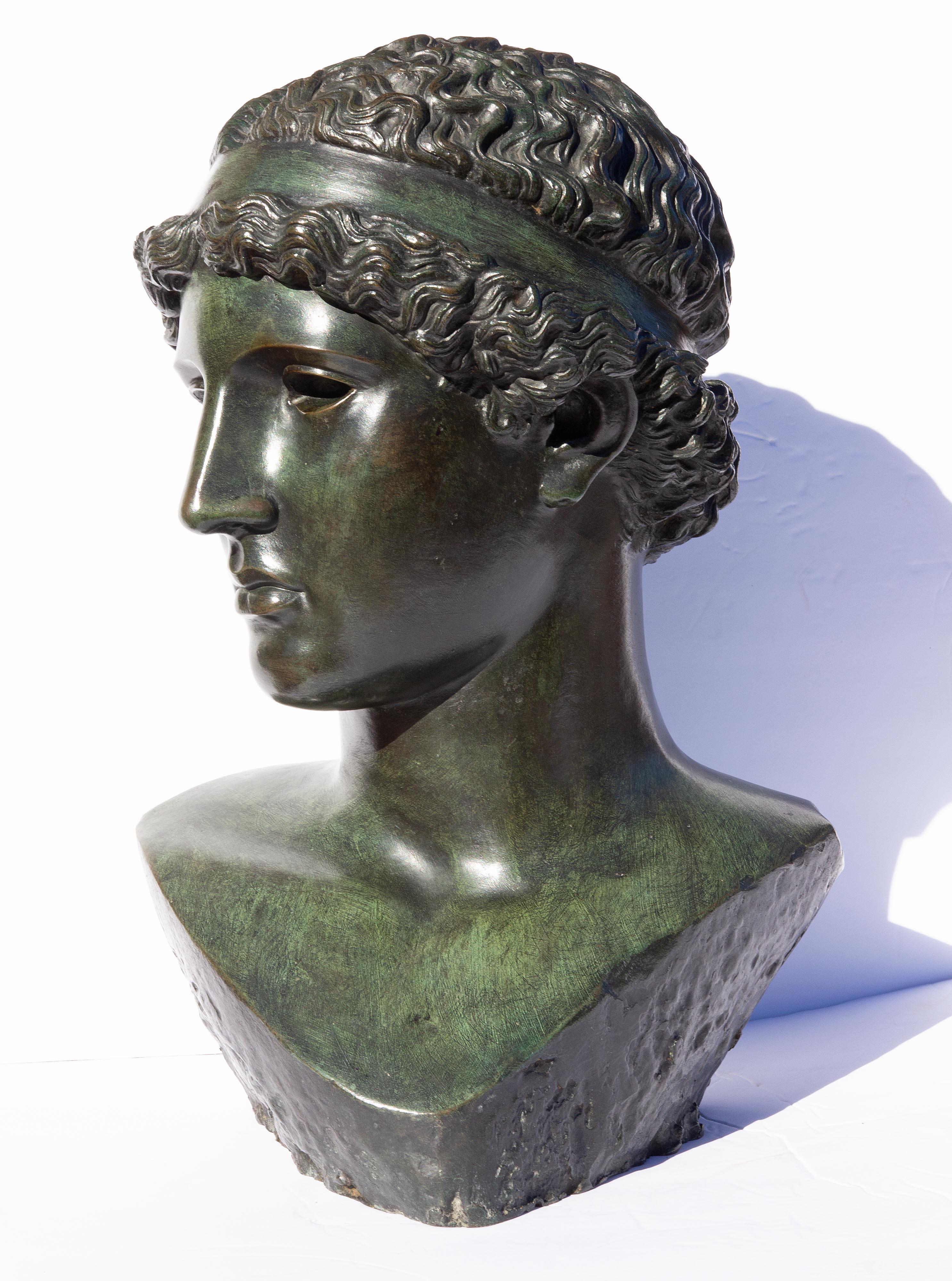 Classical bronze bust of Athena Lemnia by Greek sculptor Phidias . Grand tour style. Circa mid 20th century.