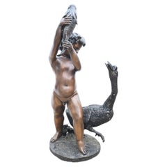 Estatua Clásica de Bronce Querubín Fuente Pez Gansos Jardín