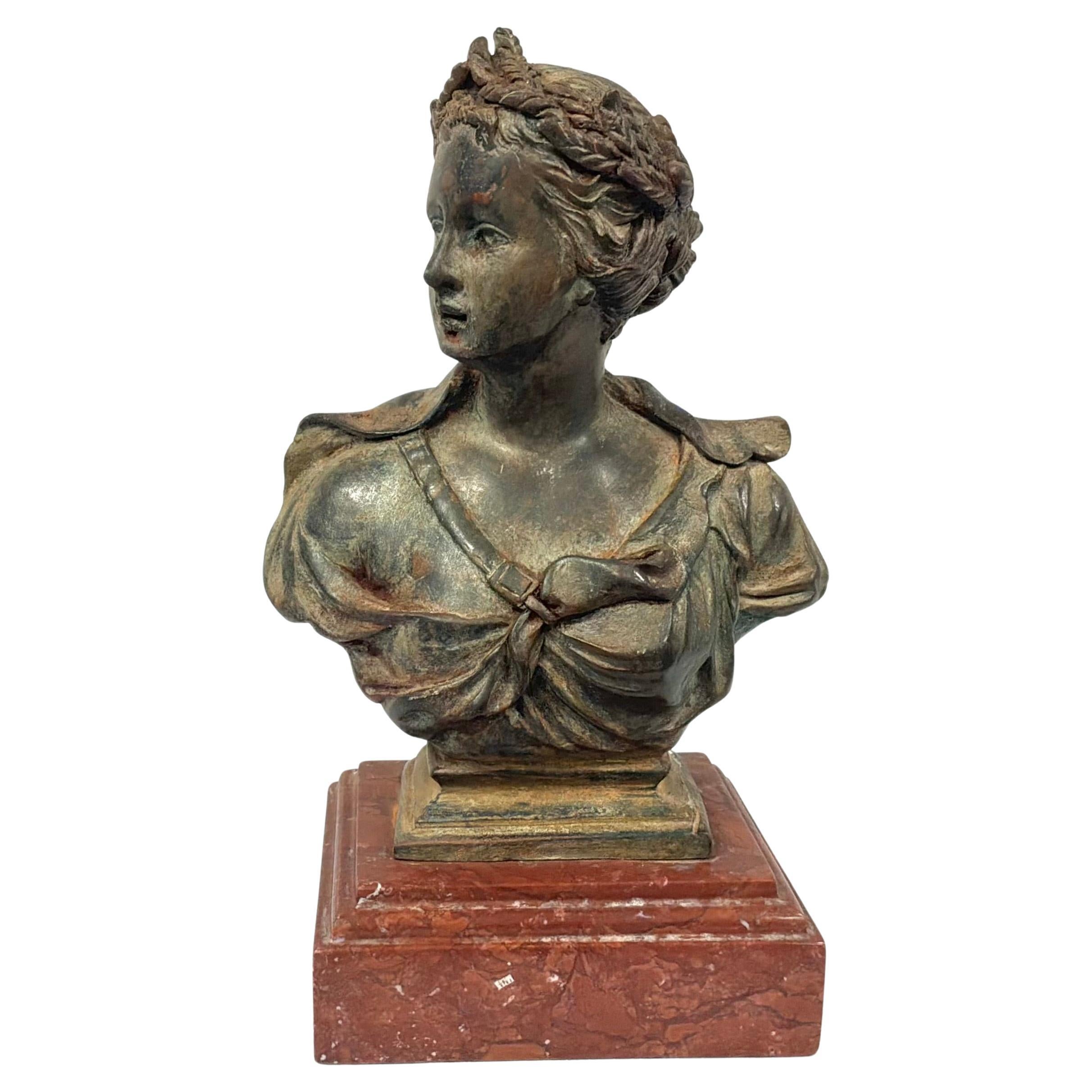 Classical Bronze Female Bust on Red Marble Base For Sale