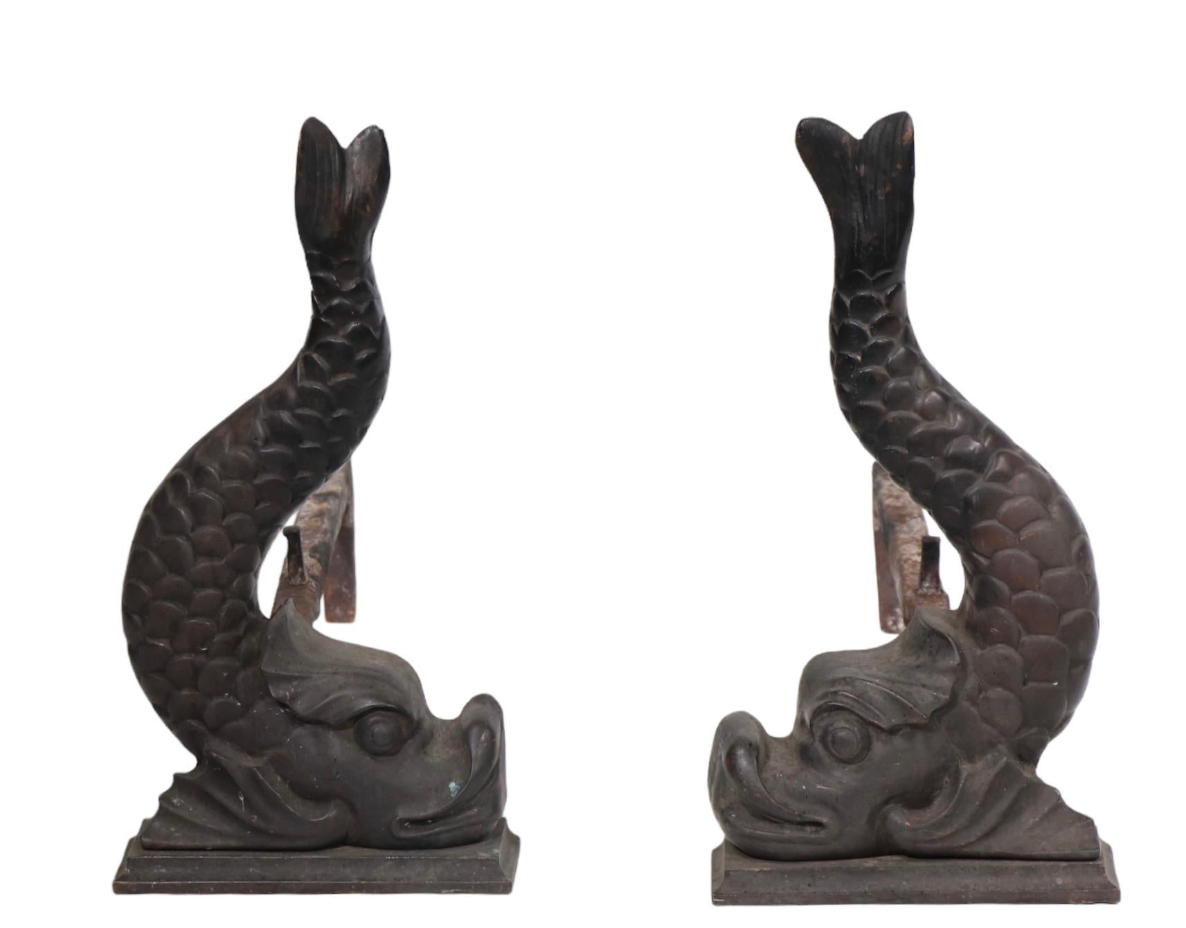 American Classical Classical Bronze Fish Form Andirons For Sale