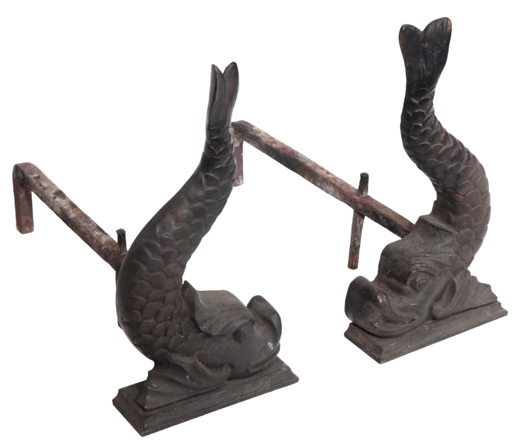 American Classical Bronze Fish Form Andirons For Sale