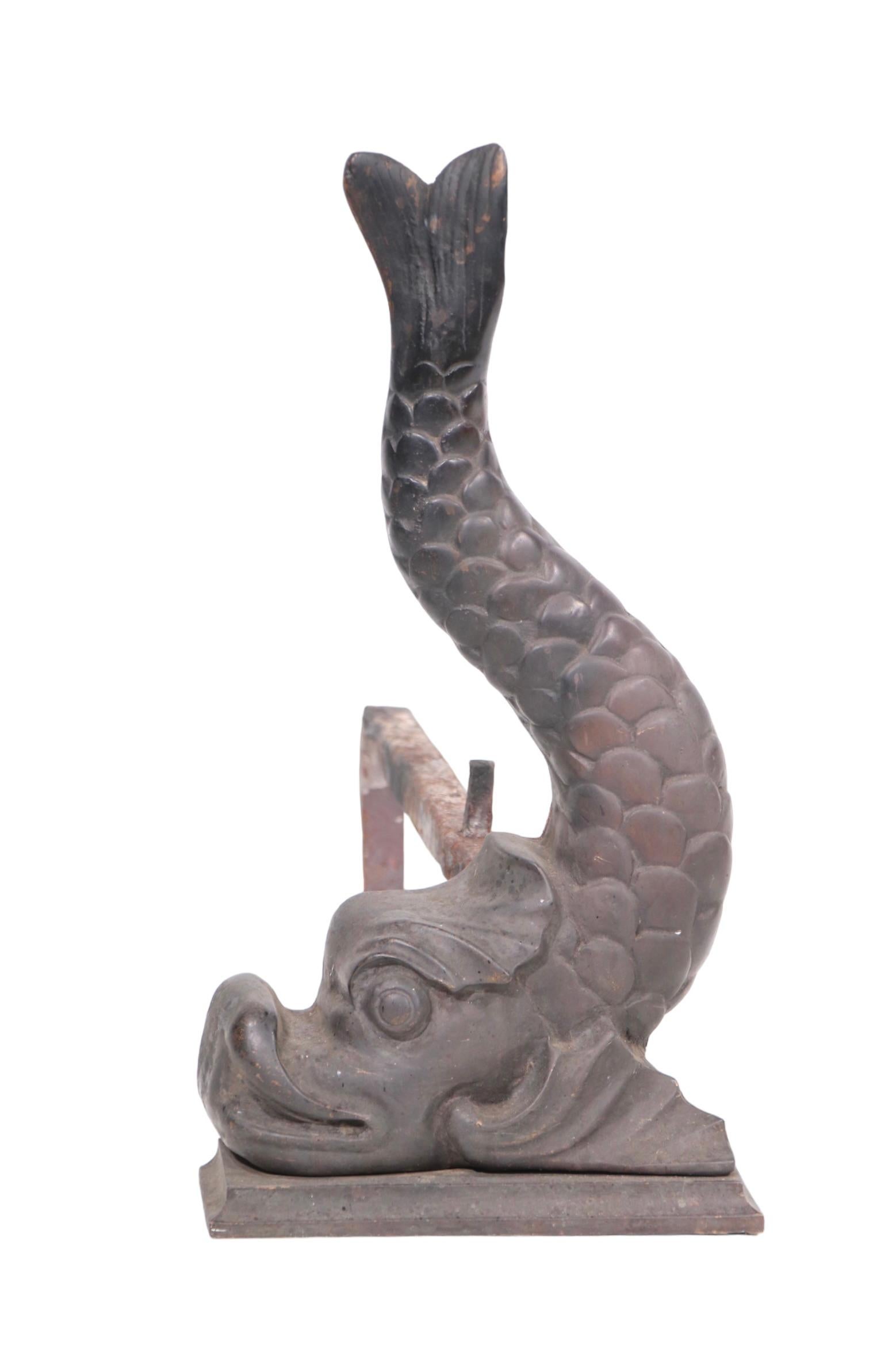 Classical Bronze Fish Form Andirons In Good Condition For Sale In New York, NY