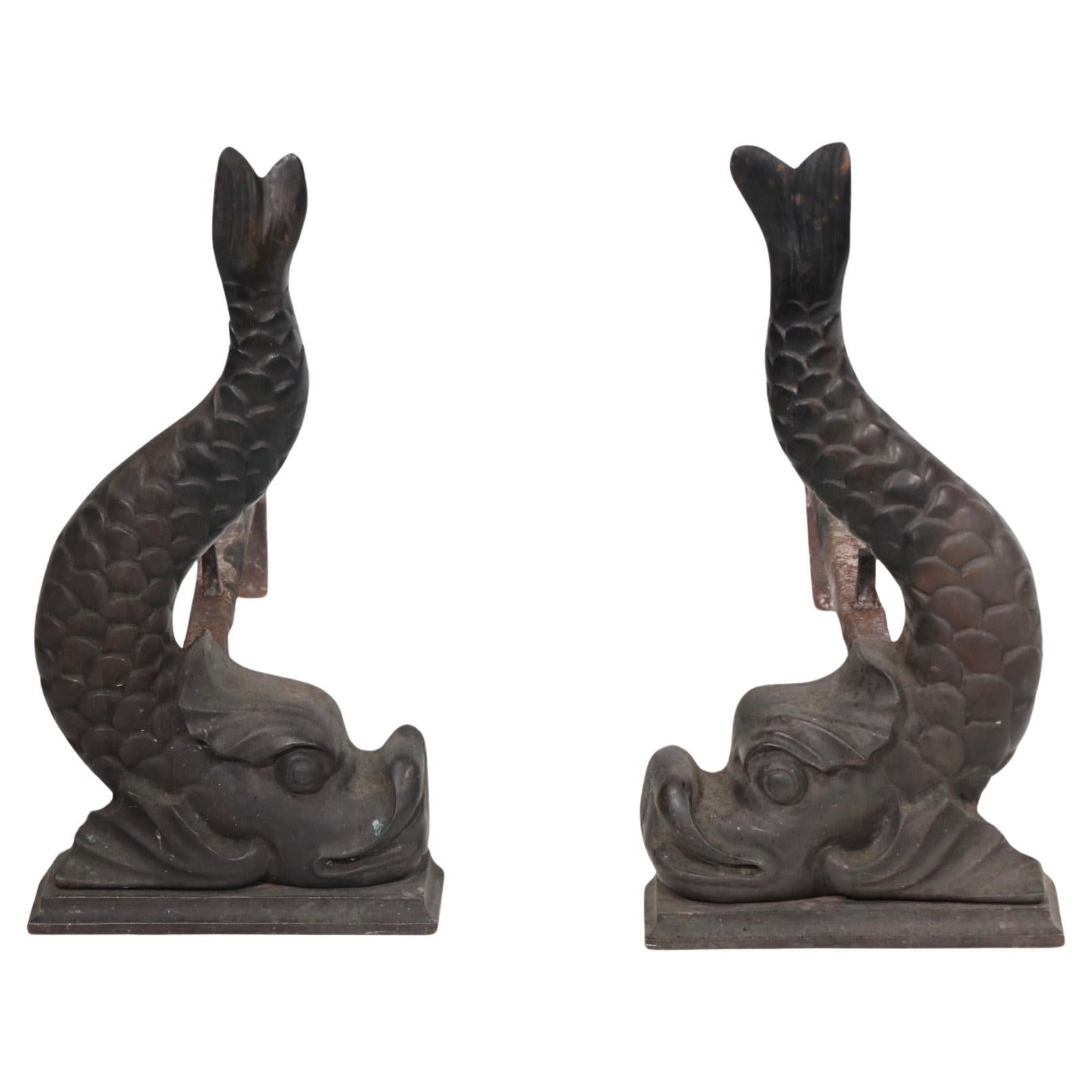 Classical Bronze Fish Form Andirons For Sale