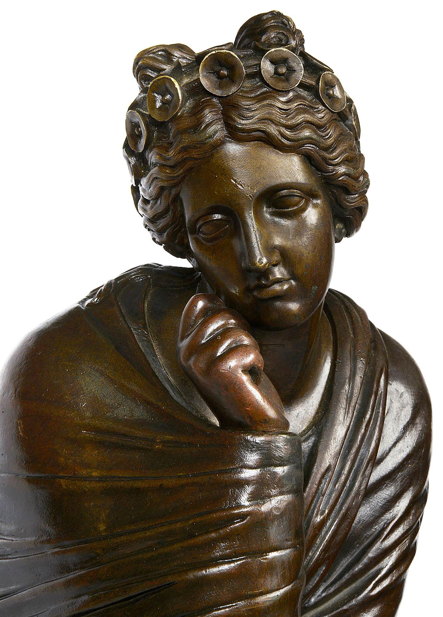French Classical Bronze maiden resting on a rock, 19th century For Sale