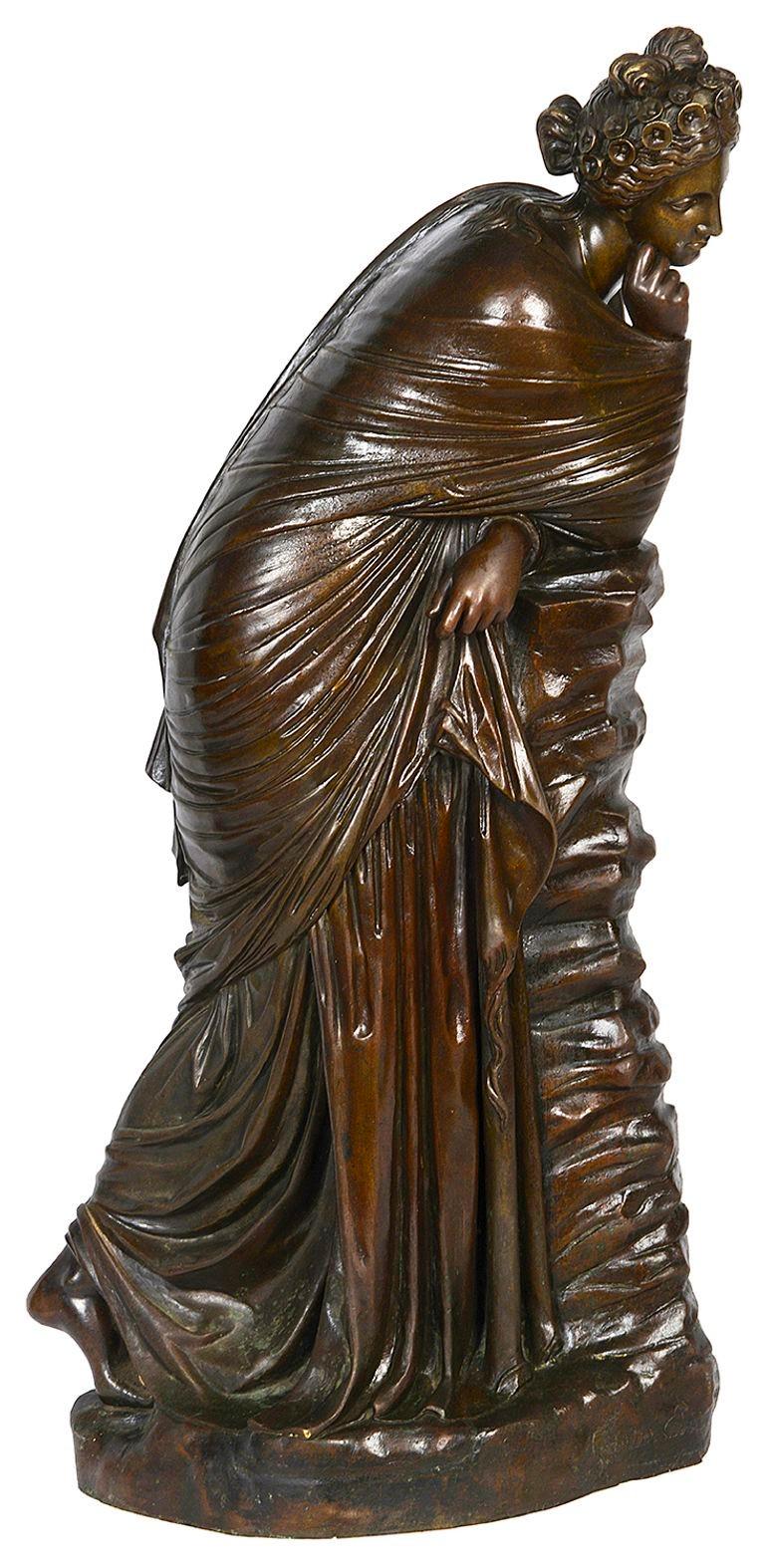 Patinated Classical Bronze maiden resting on a rock, 19th century For Sale