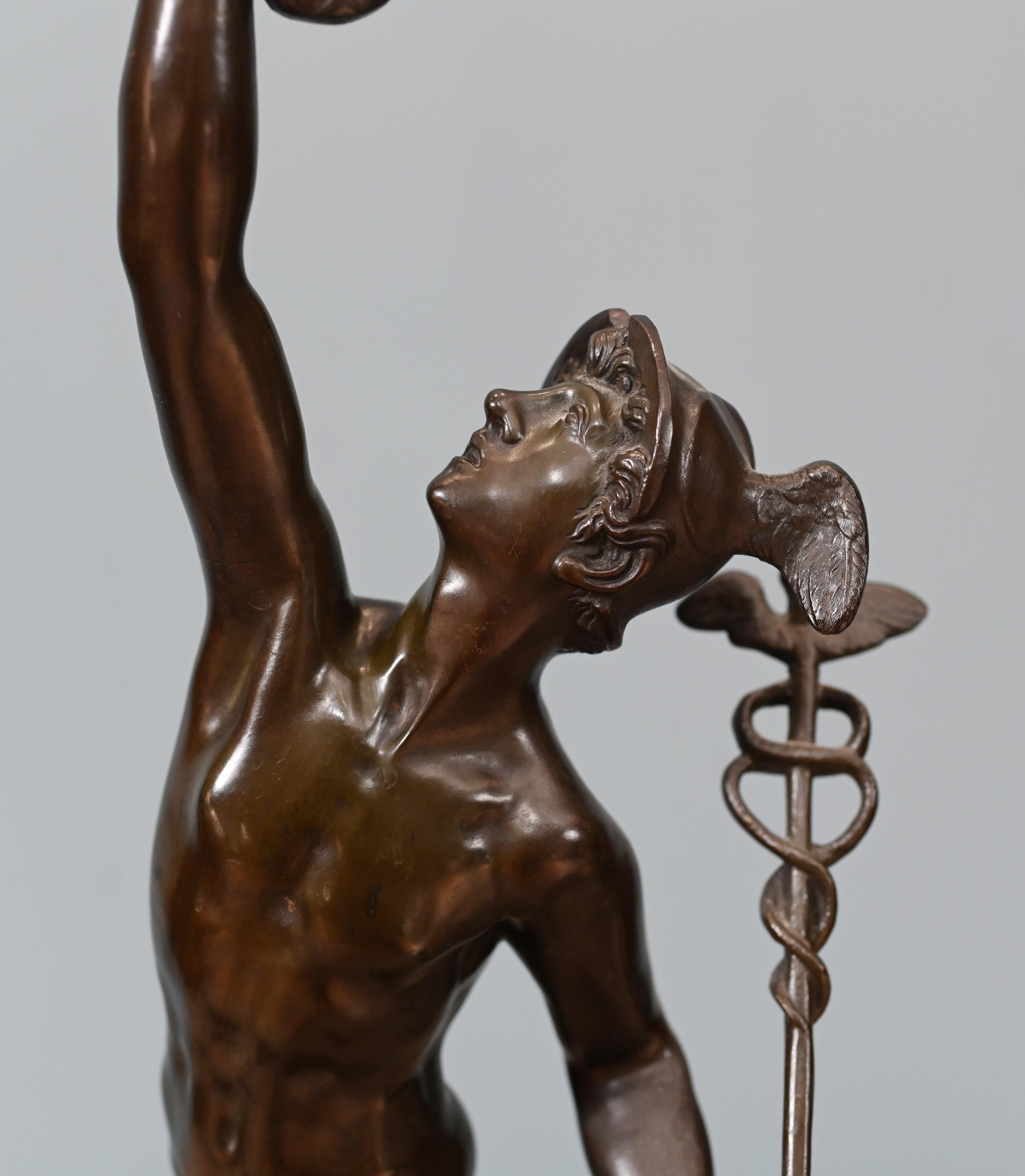 You are viewing a pair of antique Italian bronze statues depicting Mercury and Victory
The statues are circa 1880 and signed by the artist Giambologna which was the working name of of the Flemish sculptor Jean de Bologne (please see close up