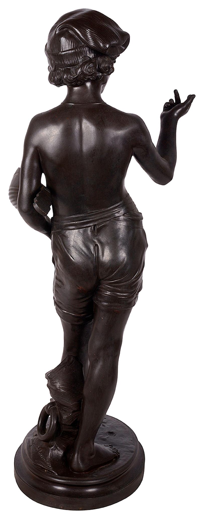 Romantic Classical Bronze Statue of Boy Holding a Mandolin, circa 1880 For Sale