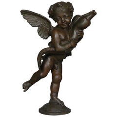 Classical Bronzed Figural Sculpture Fountain Head, Cherub with Fish 20th Century