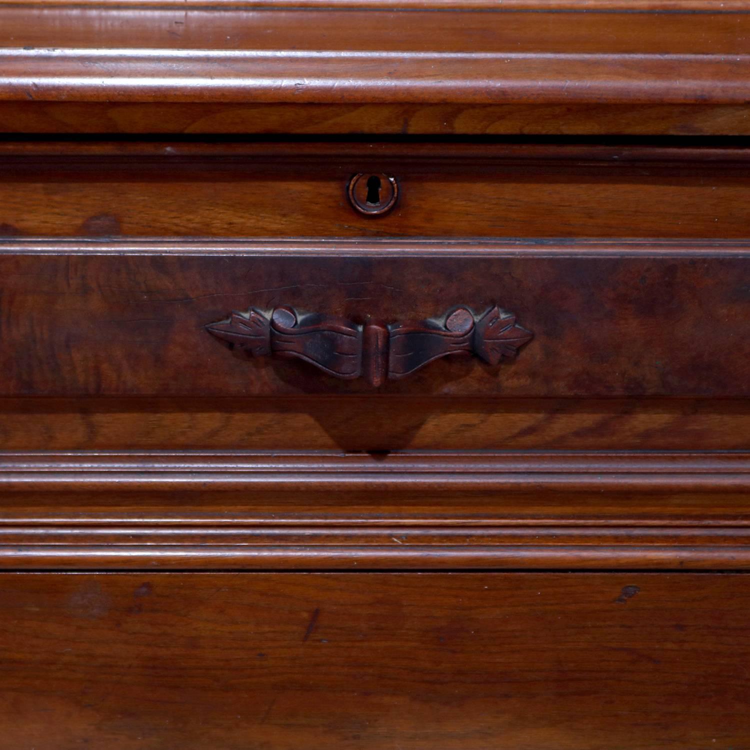 Classical Burl Walnut Two-Drawer Locking Bookcase with Lion Head Reserves In Good Condition In Big Flats, NY