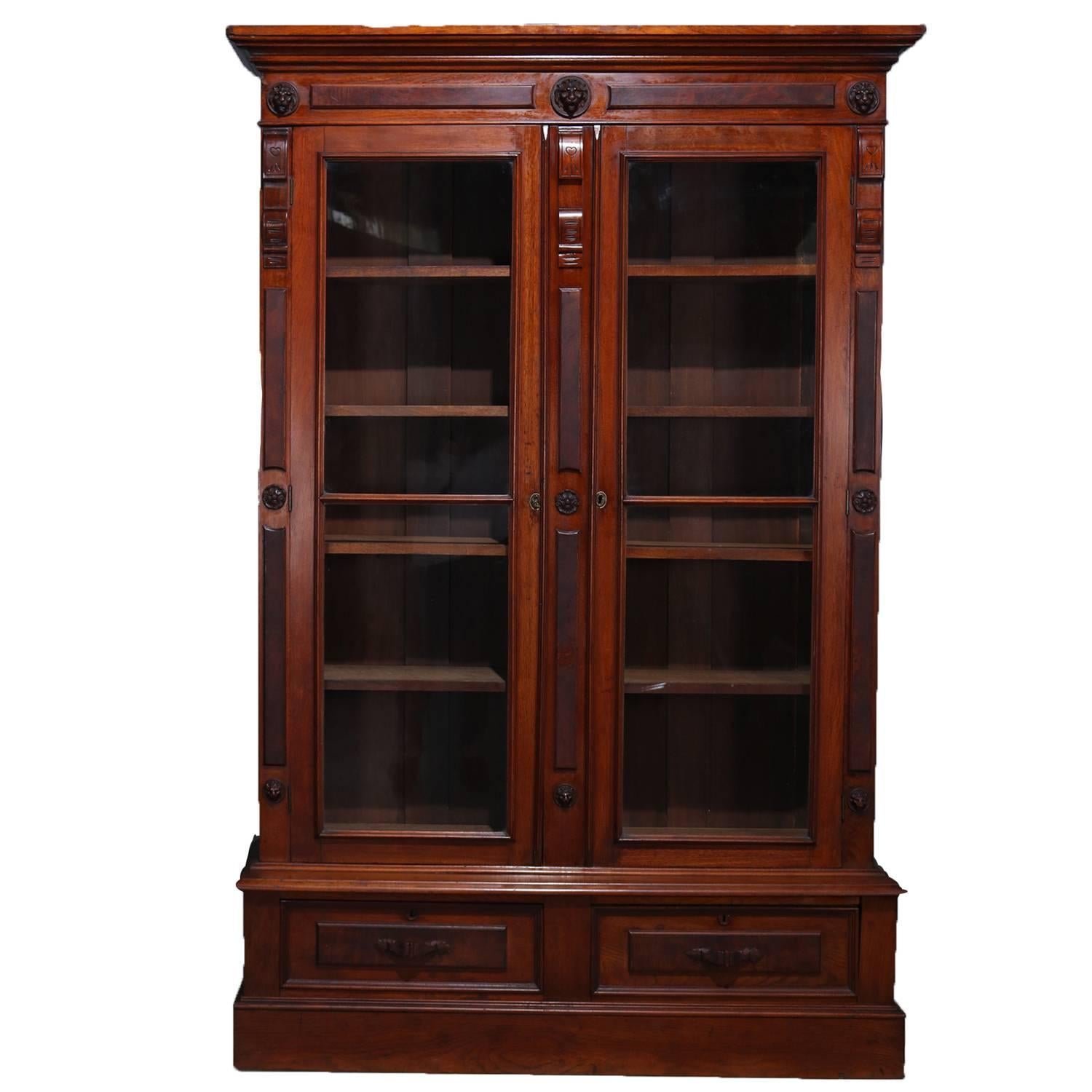 Classical Burl Walnut Two-Drawer Locking Bookcase with Lion Head Reserves 2