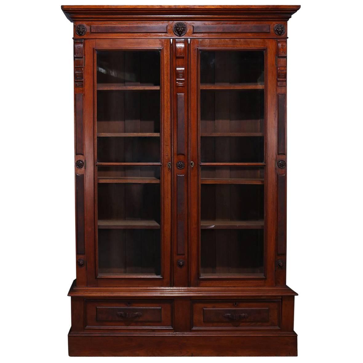 Classical Burl Walnut Two-Drawer Locking Bookcase with Lion Head Reserves