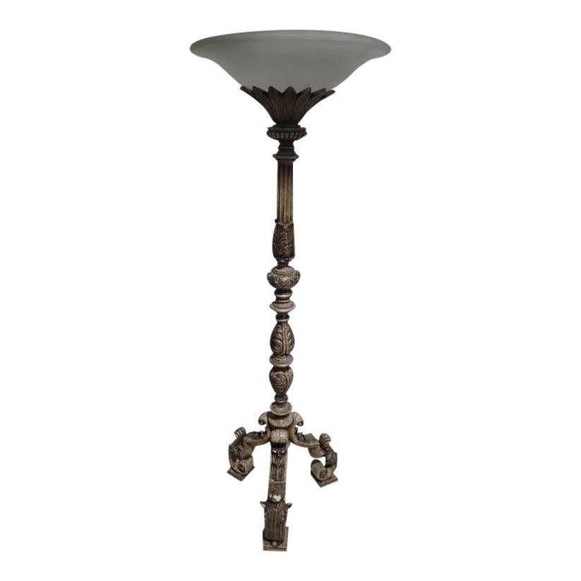 Classical Carved Figurative Rococo Torchiere with Frosted Glass Shade 8