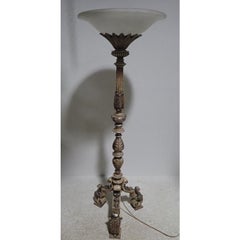 Classical Carved Figurative Rococo Torchiere with Frosted Glass Shade