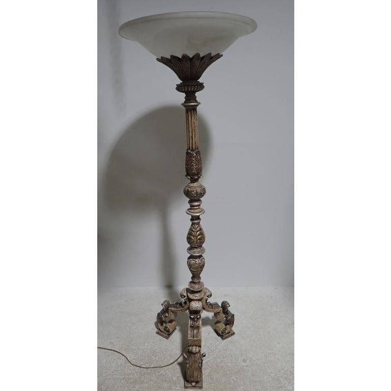 Baroque Classical Carved Figurative Rococo Torchiere with Frosted Glass Shade