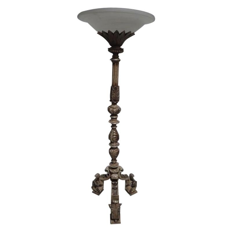 Classical Carved Figurative Rococo Torchiere with Frosted Glass Shade
