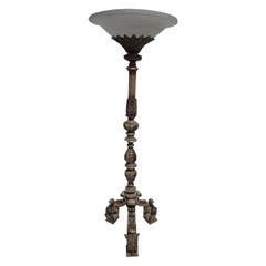 Vintage Classical Carved Figurative Rococo Torchiere with Frosted Glass Shade
