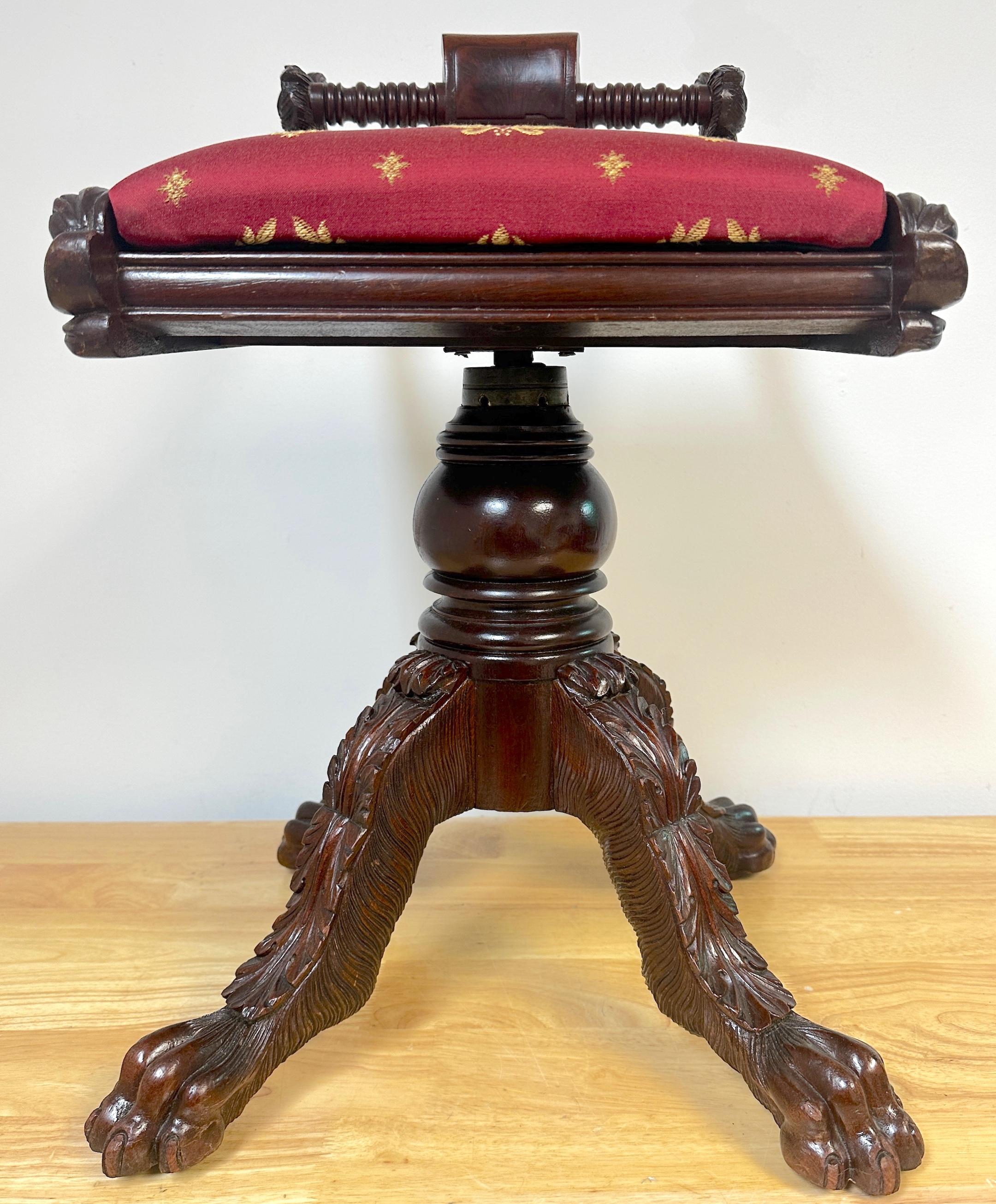 Classical Carved Hardwood  Piano Stool with Dolphins, New York, Circa 1825 For Sale 6