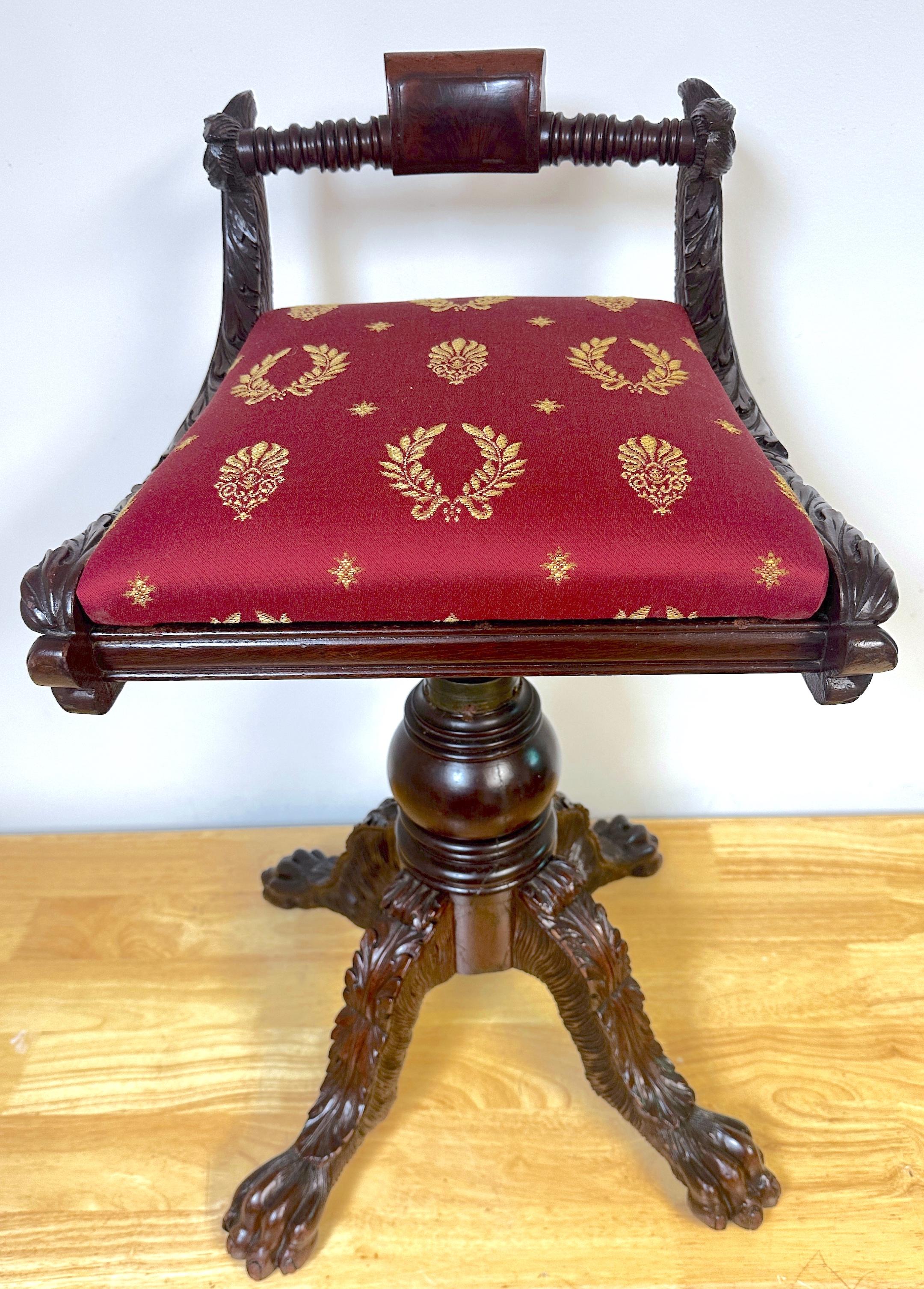 Hand-Carved Classical Carved Hardwood  Piano Stool with Dolphins, New York, Circa 1825 For Sale