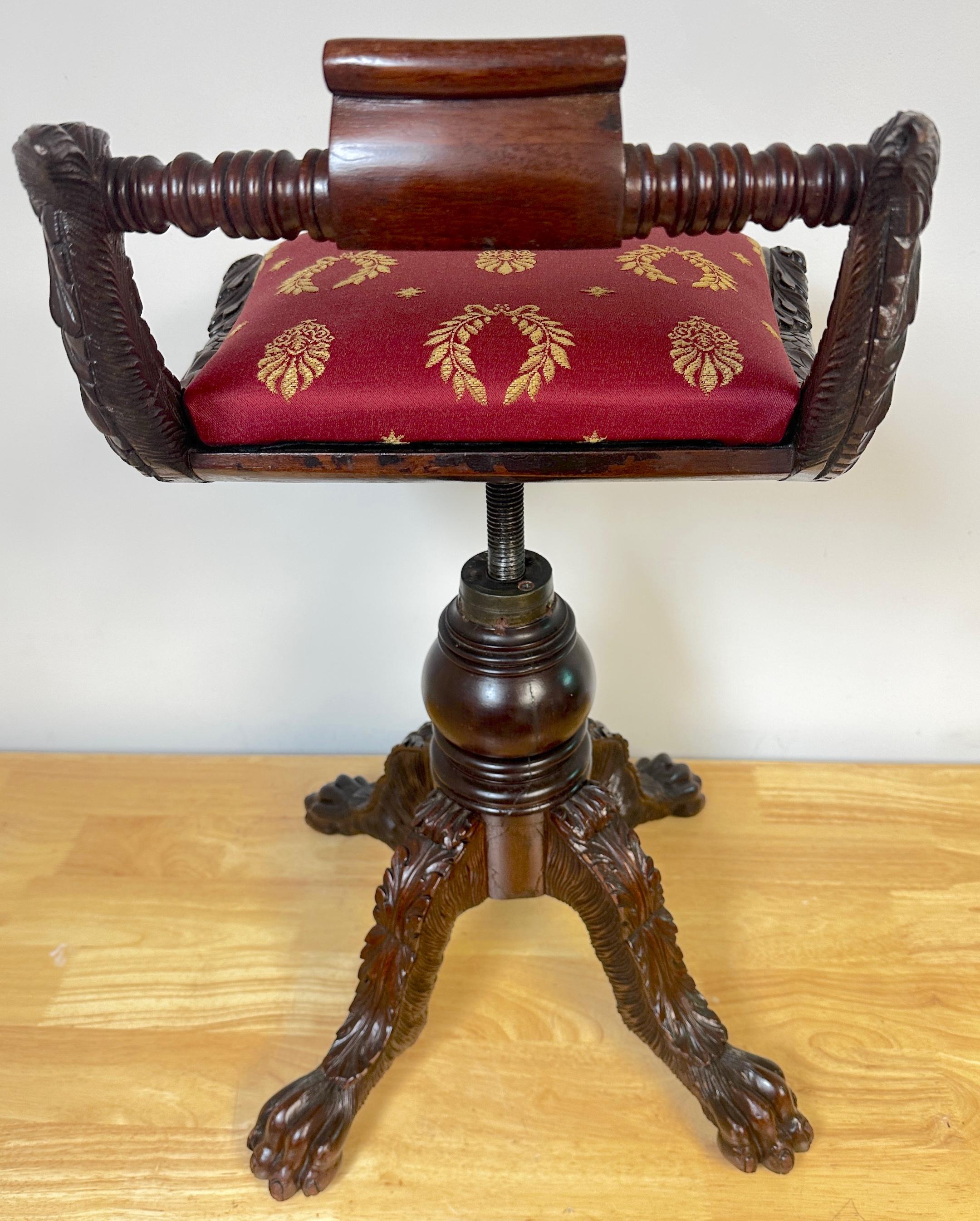 Upholstery Classical Carved Hardwood  Piano Stool with Dolphins, New York, Circa 1825 For Sale