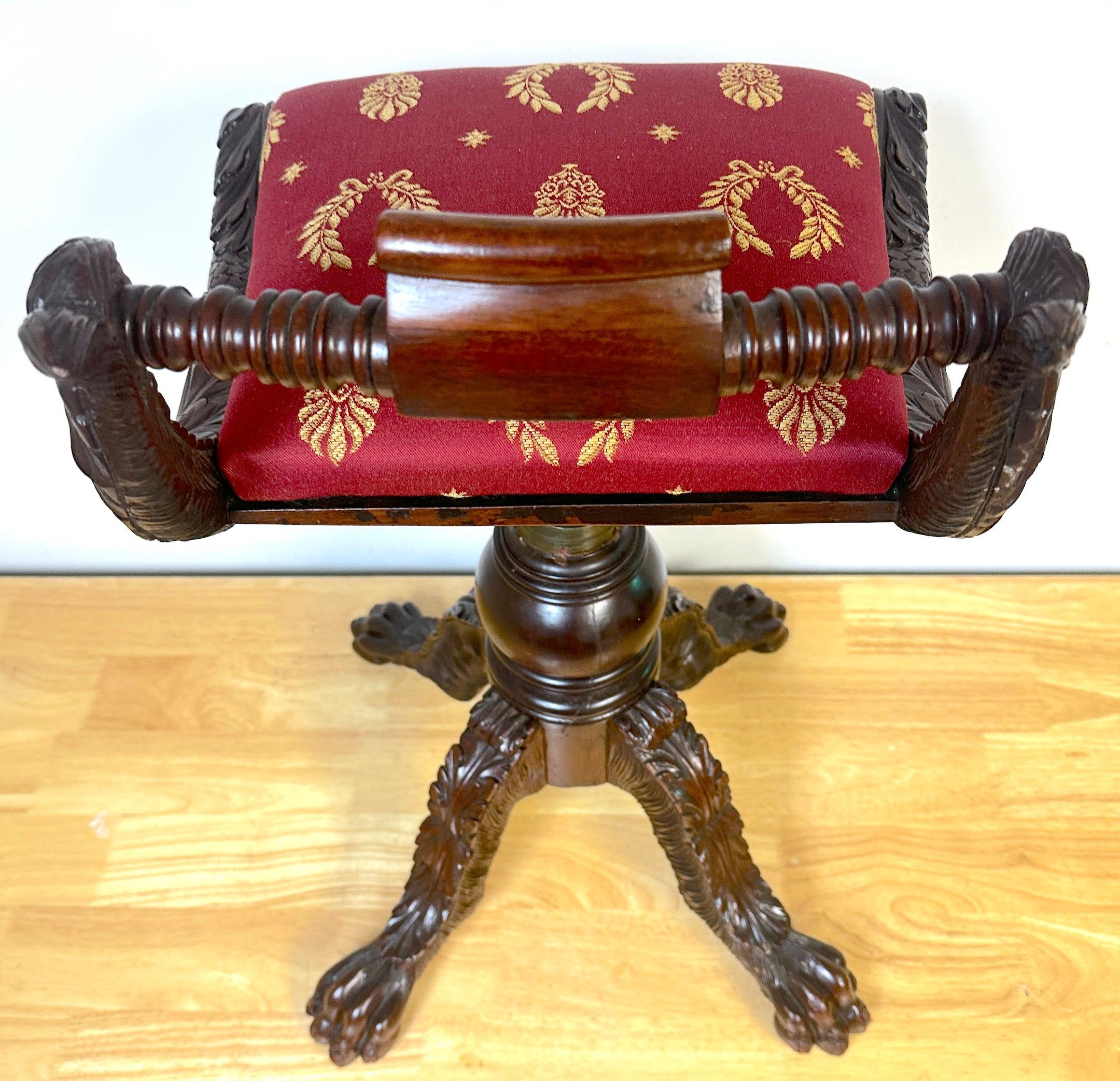Classical Carved Hardwood  Piano Stool with Dolphins, New York, Circa 1825 For Sale 2