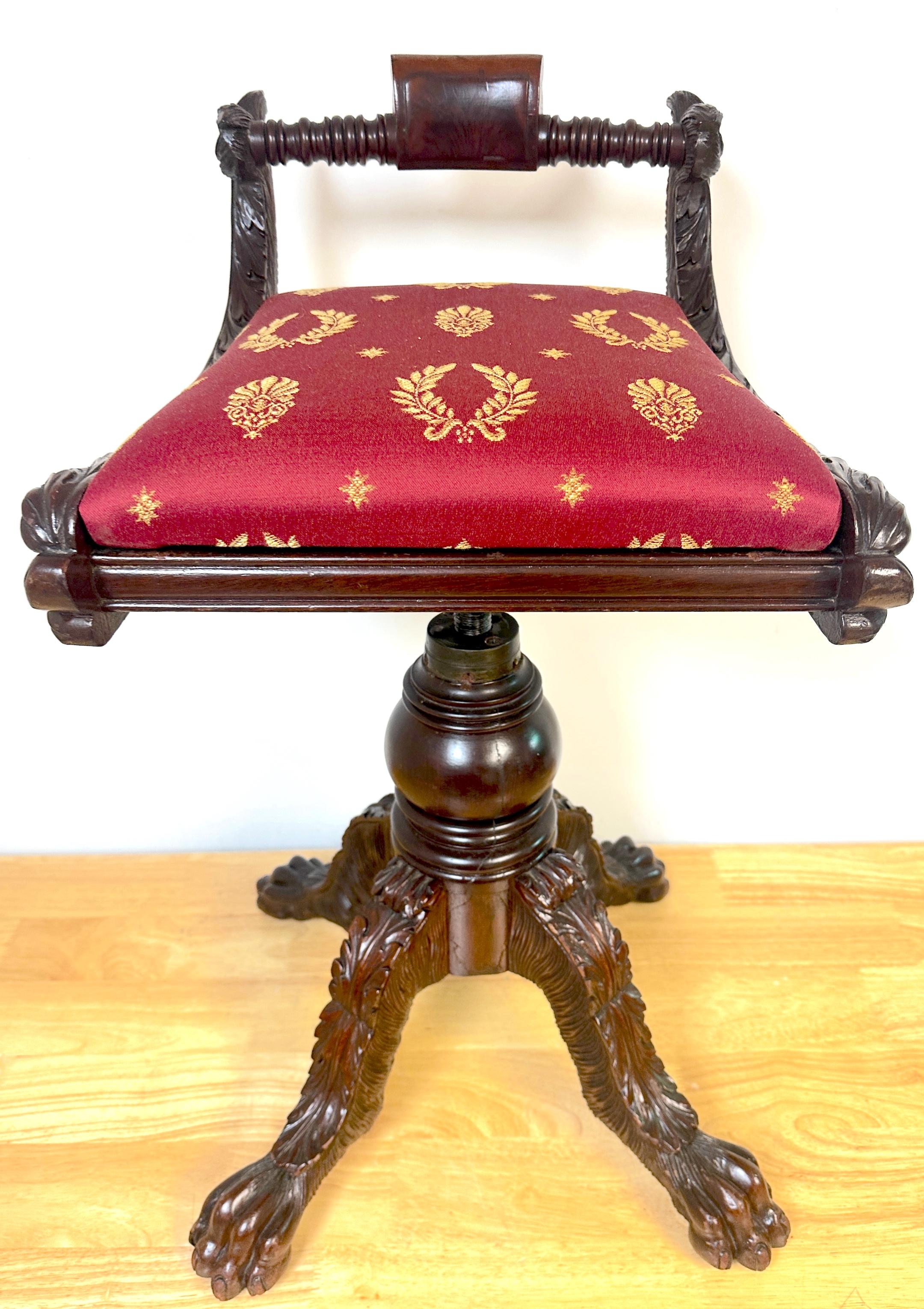 Classical Carved Hardwood  Piano Stool with Dolphins, New York, Circa 1825 For Sale 3
