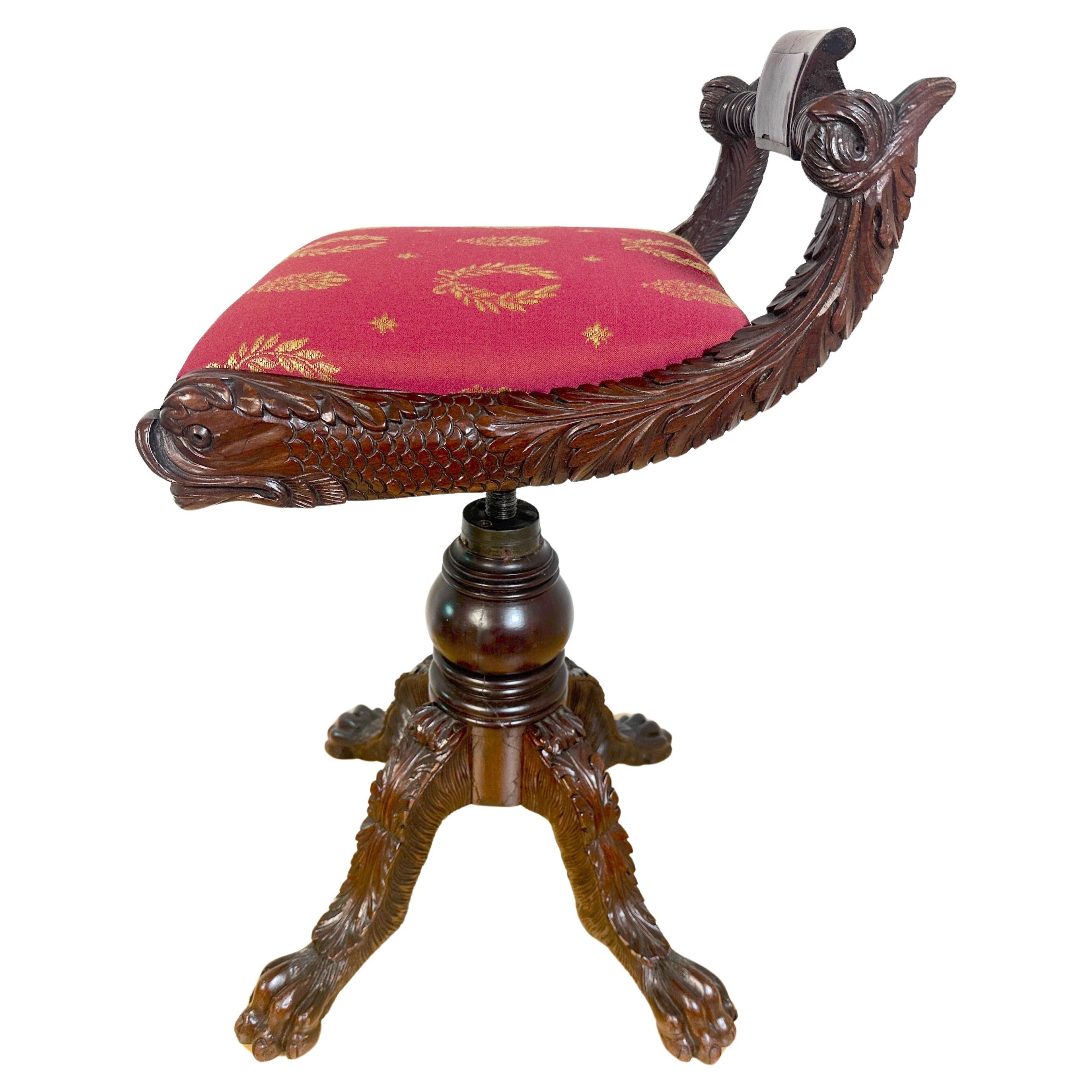 Classical Carved Hardwood  Piano Stool with Dolphins, New York, Circa 1825 For Sale