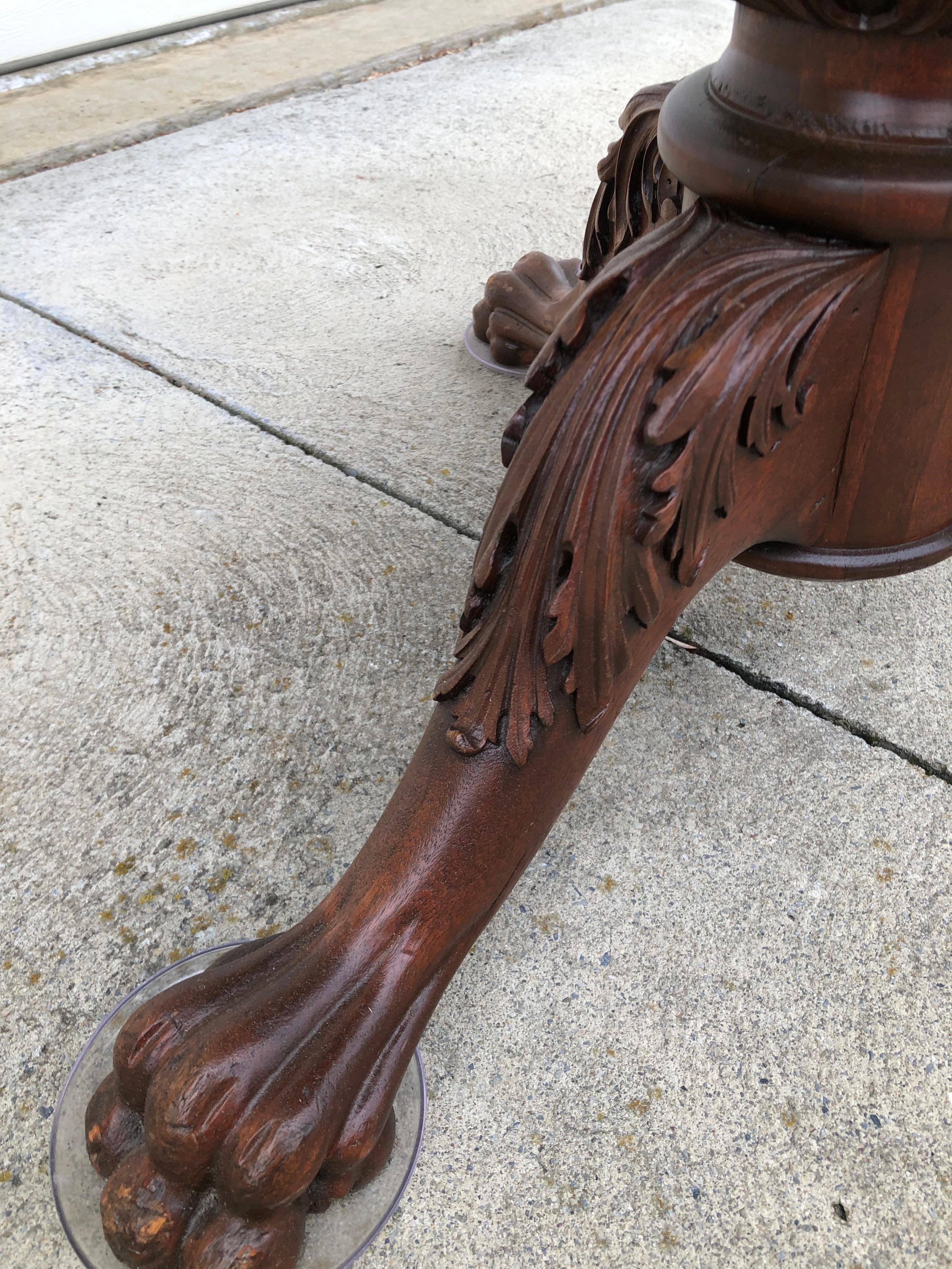 American Classical Classical Carved Mahogany Sewing Stand with Acanthus Carved Urn, Claw Feet For Sale