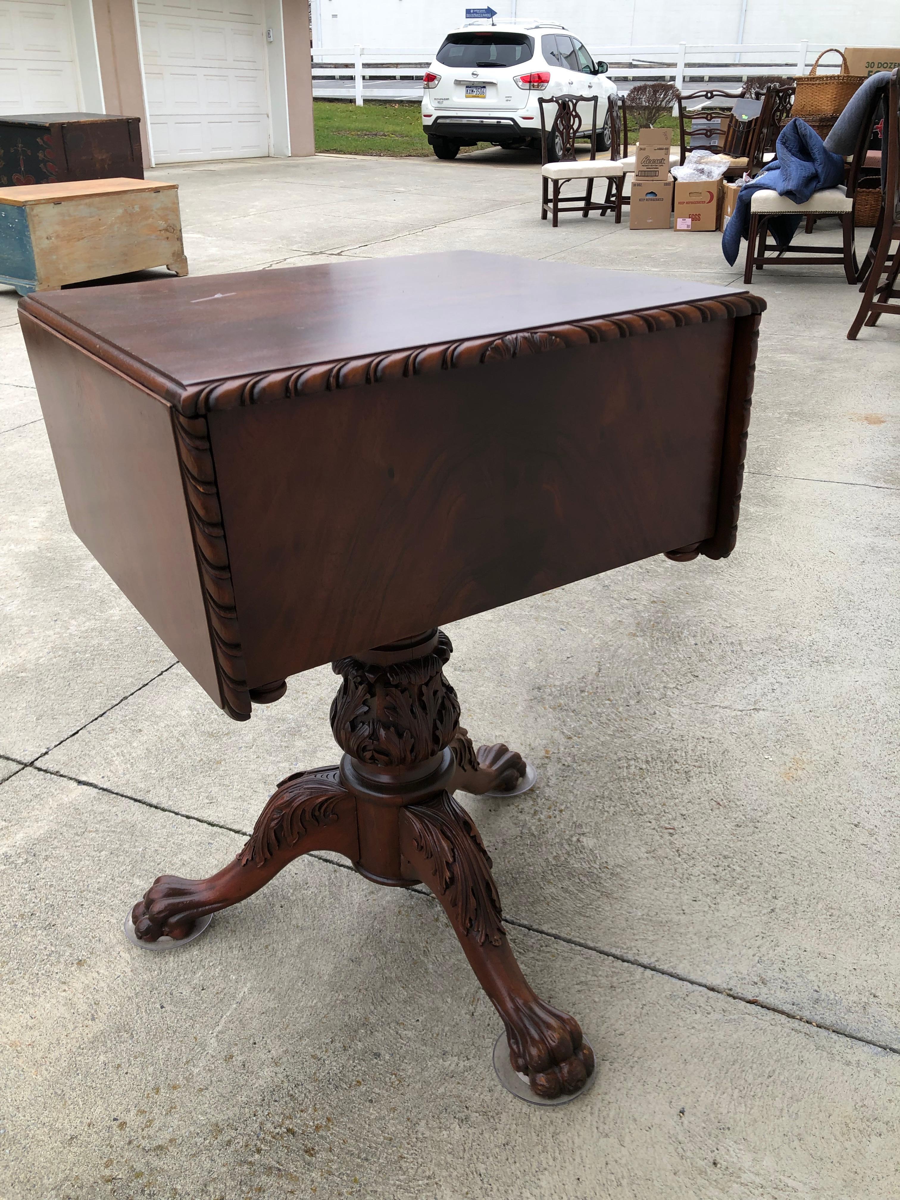 Burnished Classical Carved Mahogany Sewing Stand with Acanthus Carved Urn, Claw Feet For Sale