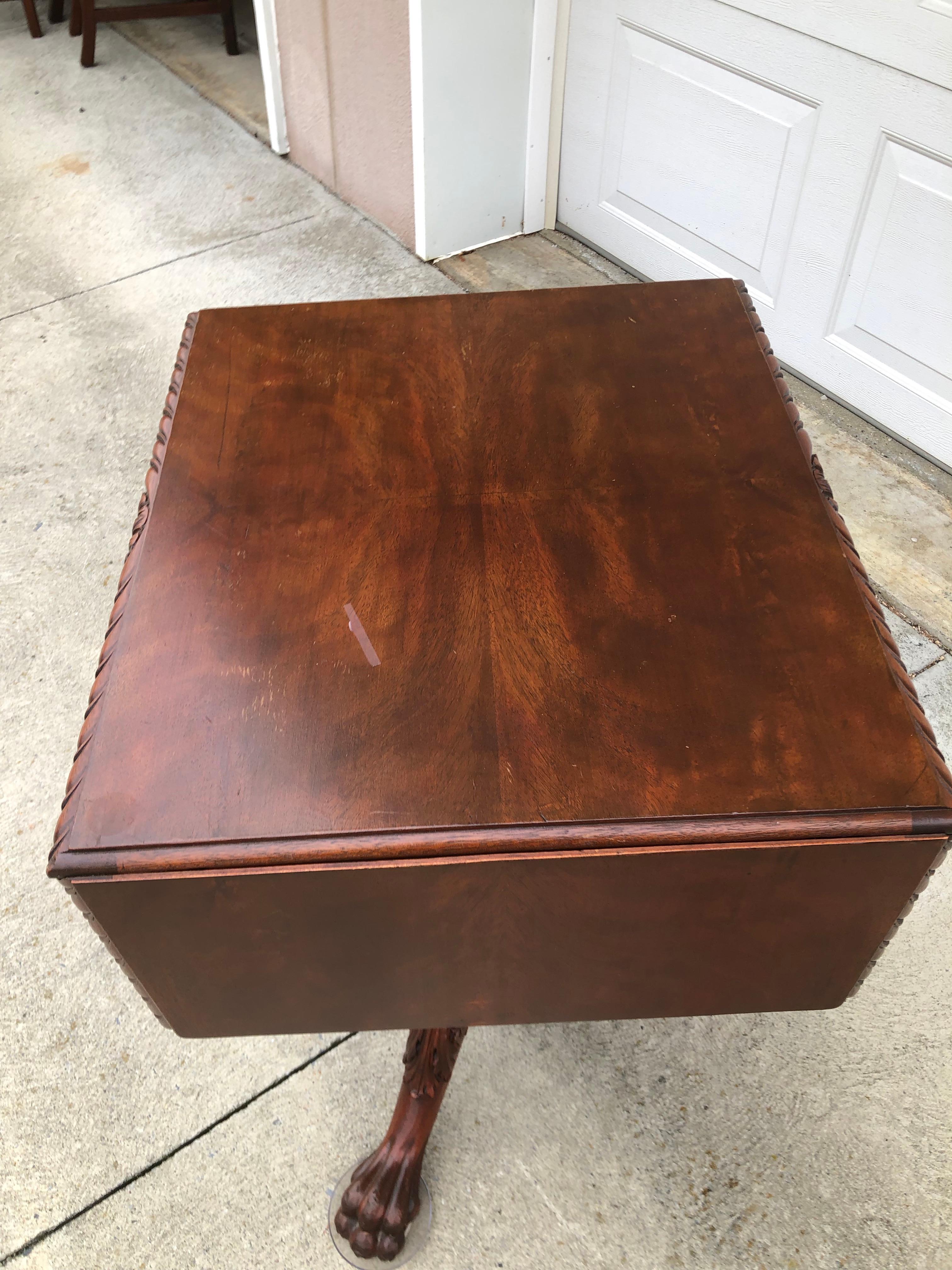 Classical Carved Mahogany Sewing Stand with Acanthus Carved Urn, Claw Feet In Good Condition For Sale In Allentown, PA