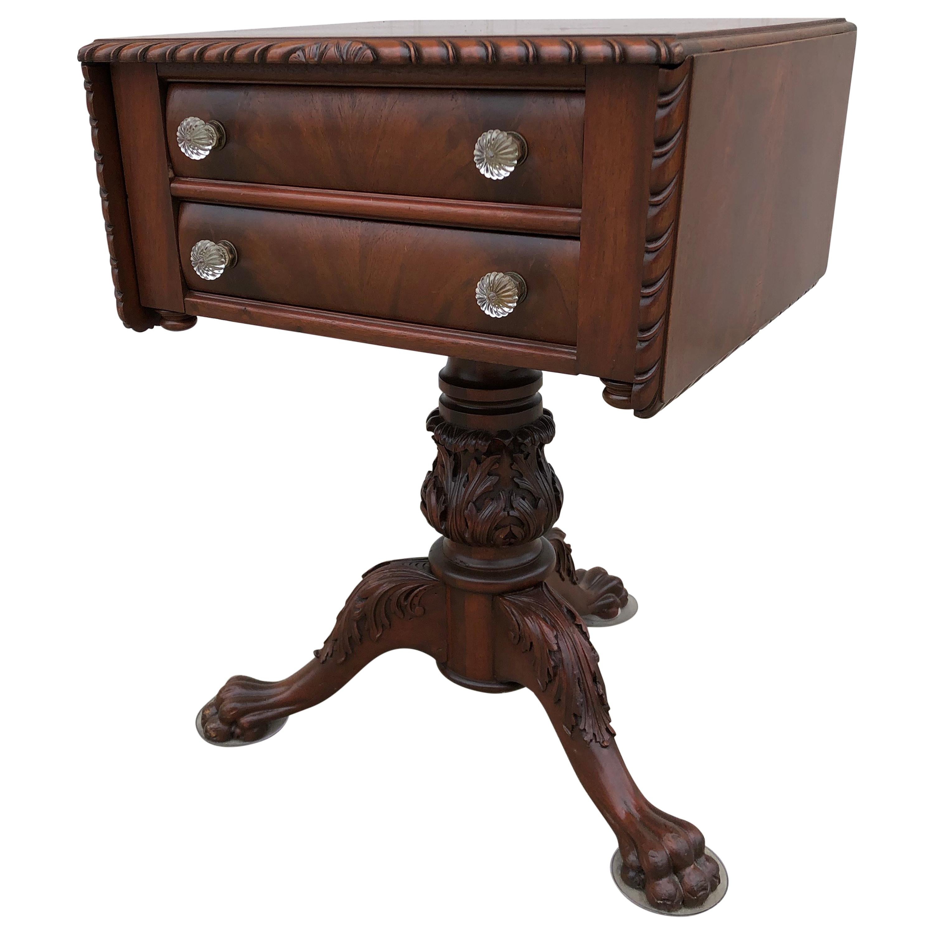 Classical Carved Mahogany Sewing Stand with Acanthus Carved Urn, Claw Feet For Sale