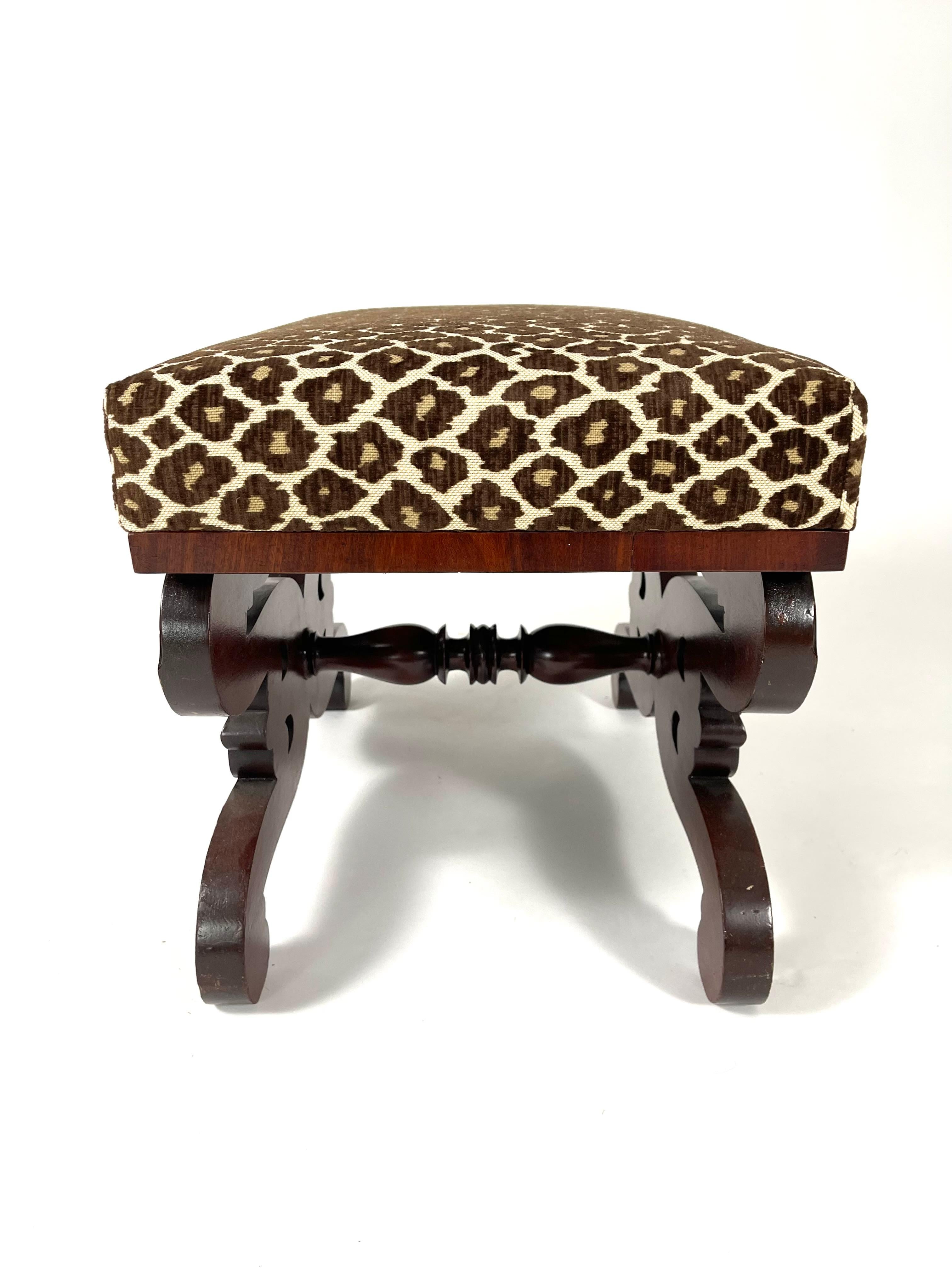 Neoclassical Classical Carved Mahogany Upholstered Foot Stool Ottoman For Sale