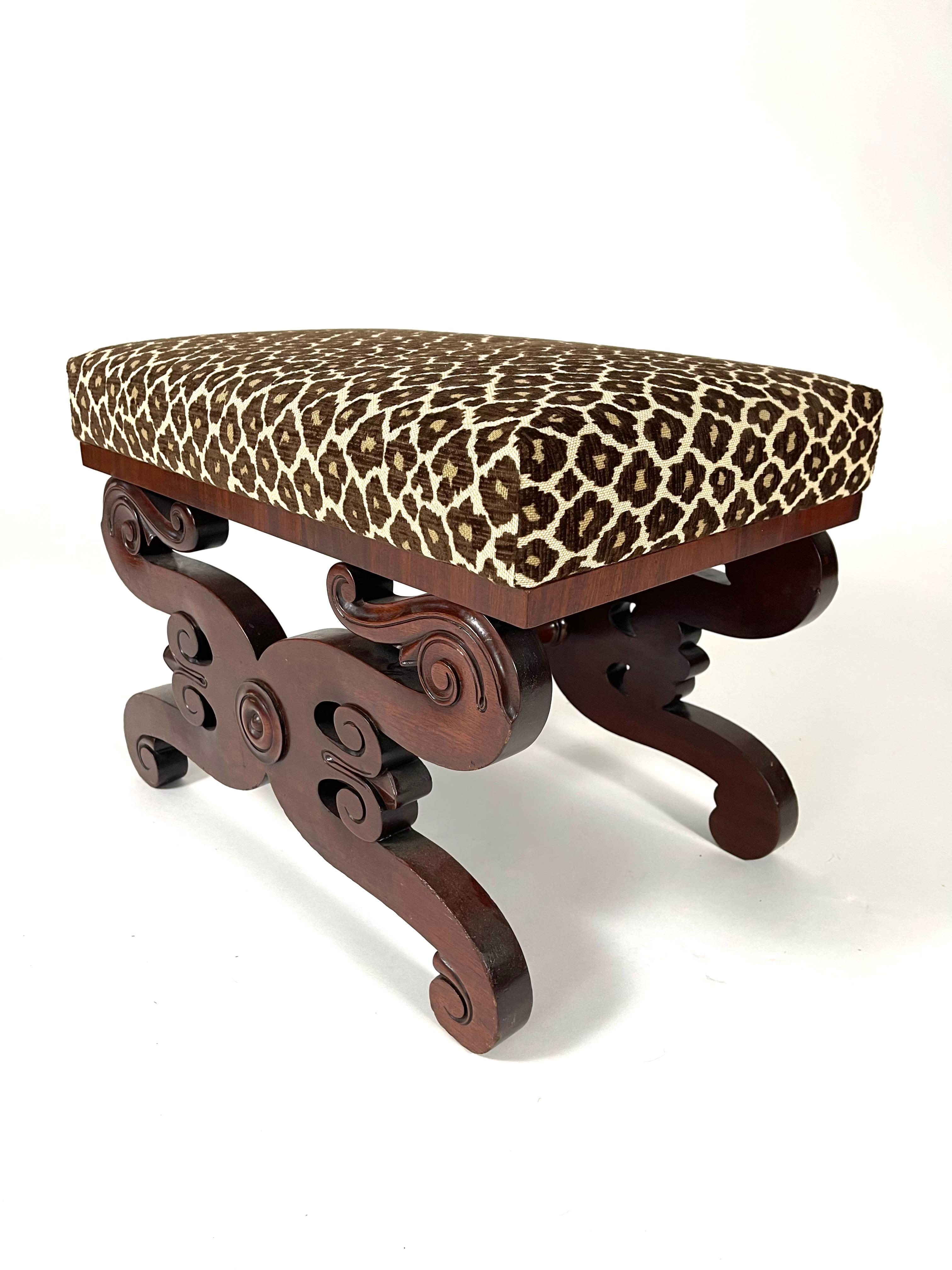 American Classical Carved Mahogany Upholstered Foot Stool Ottoman For Sale