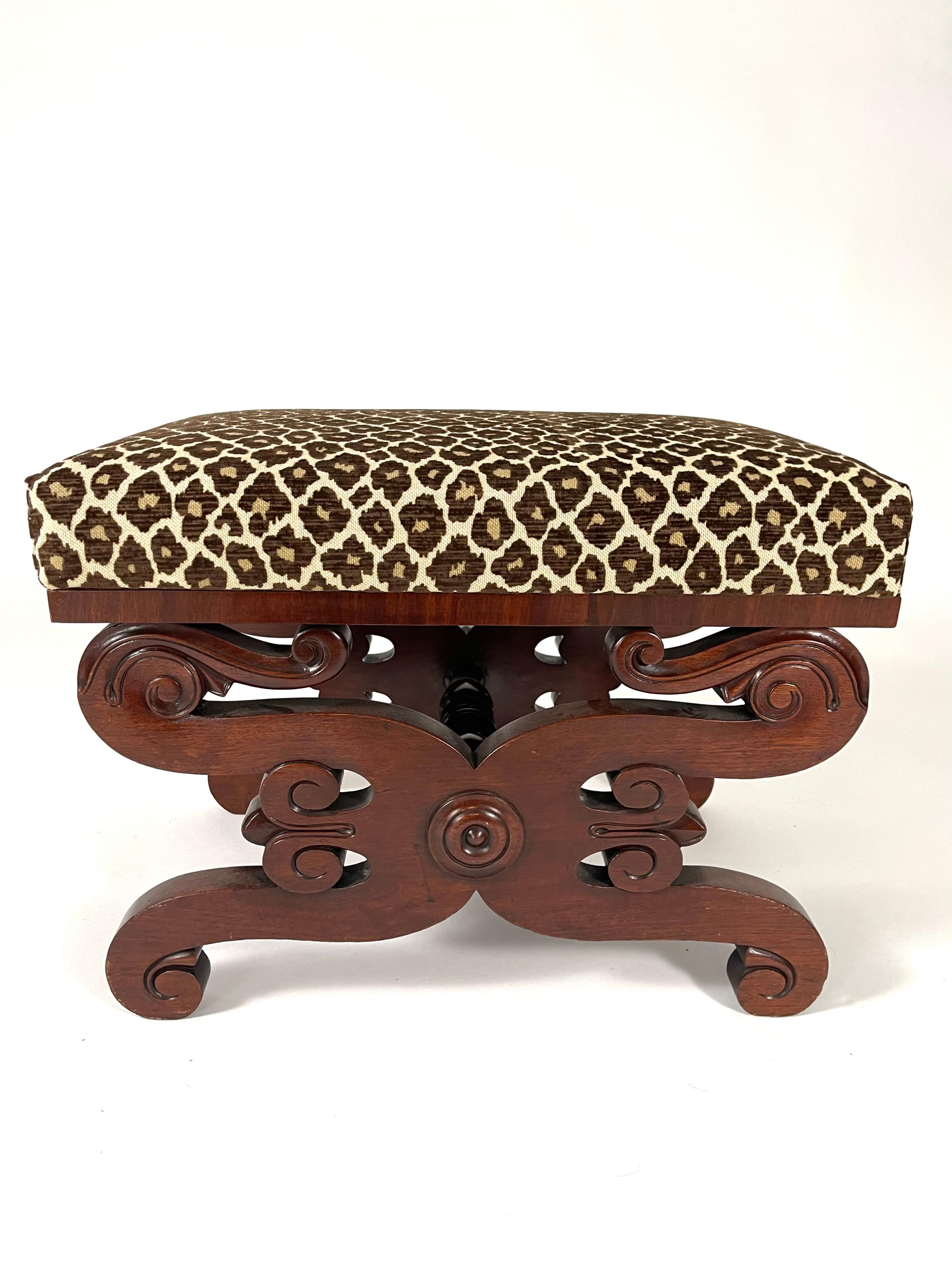 American Classical Carved Mahogany Upholstered Foot Stool Ottoman For Sale