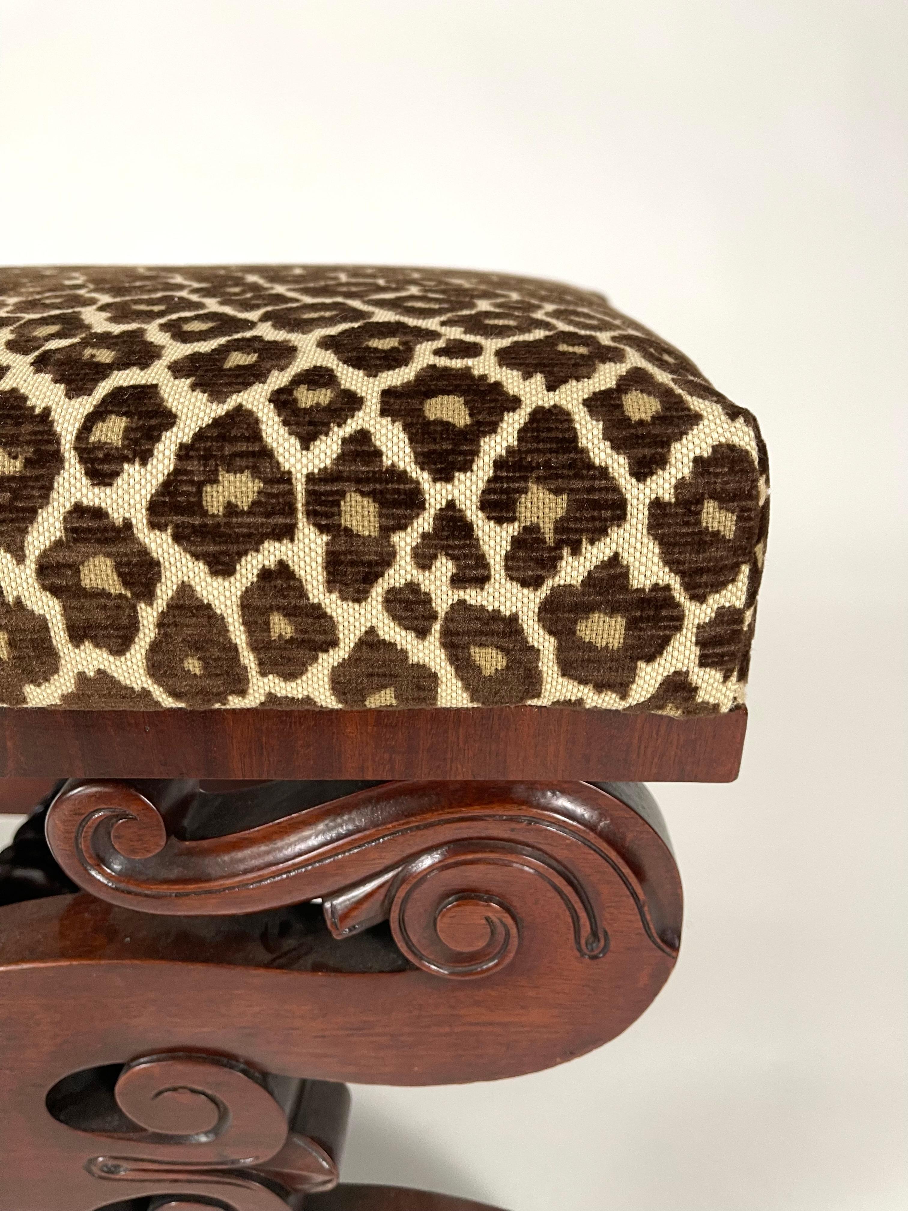 Classical Carved Mahogany Upholstered Foot Stool Ottoman For Sale 2