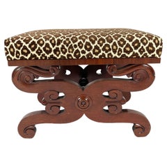 Classical Carved Mahogany Upholstered Foot Stool Ottoman