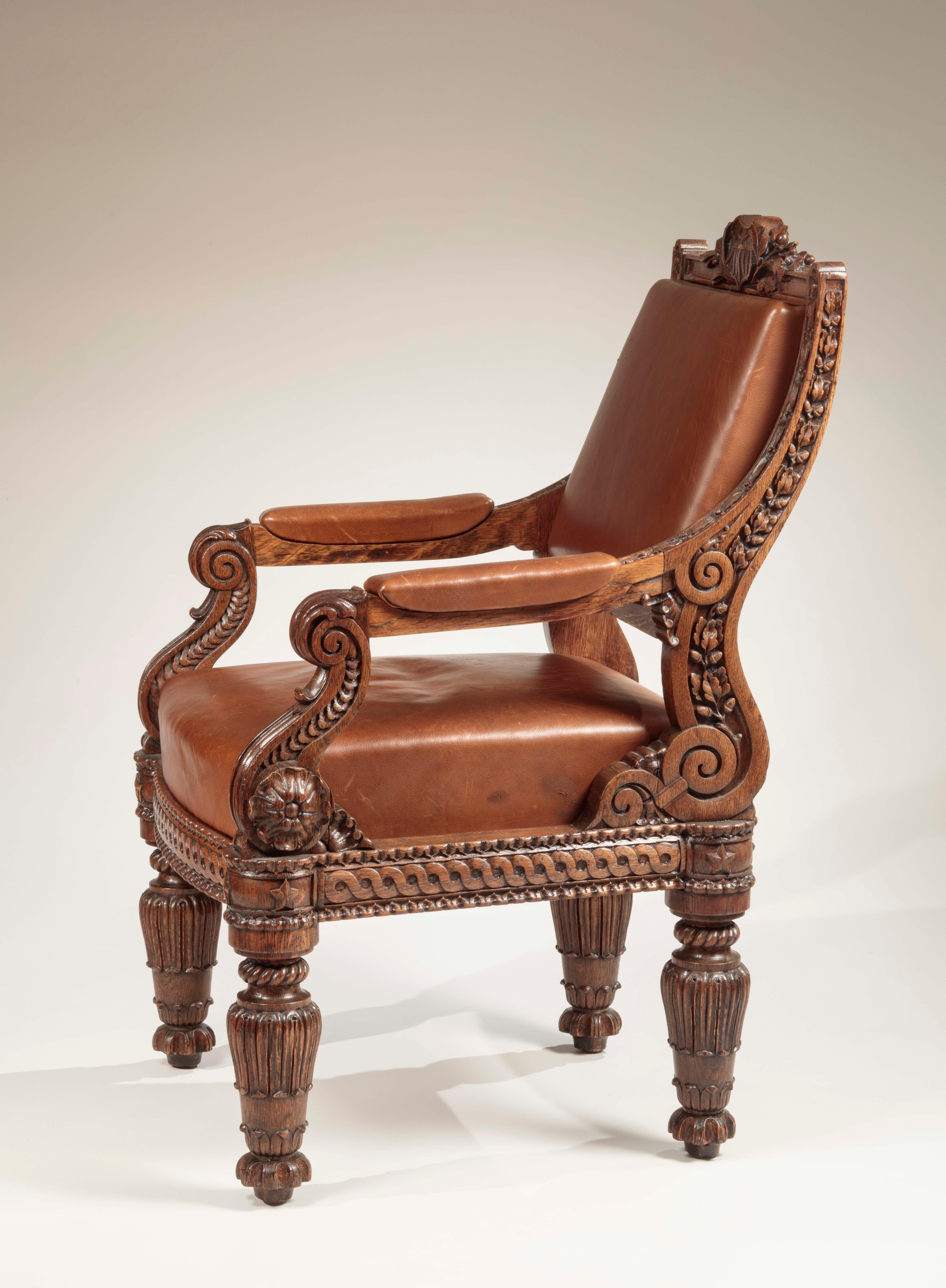 Important carved oak upholstered armchair
Made for the United States House of Representatives
Bembe & Kimbel (active 1850-1870), After Thomas U. Walter
New York, circa 1857

The bowed crest rail centering a carved United States shield with
