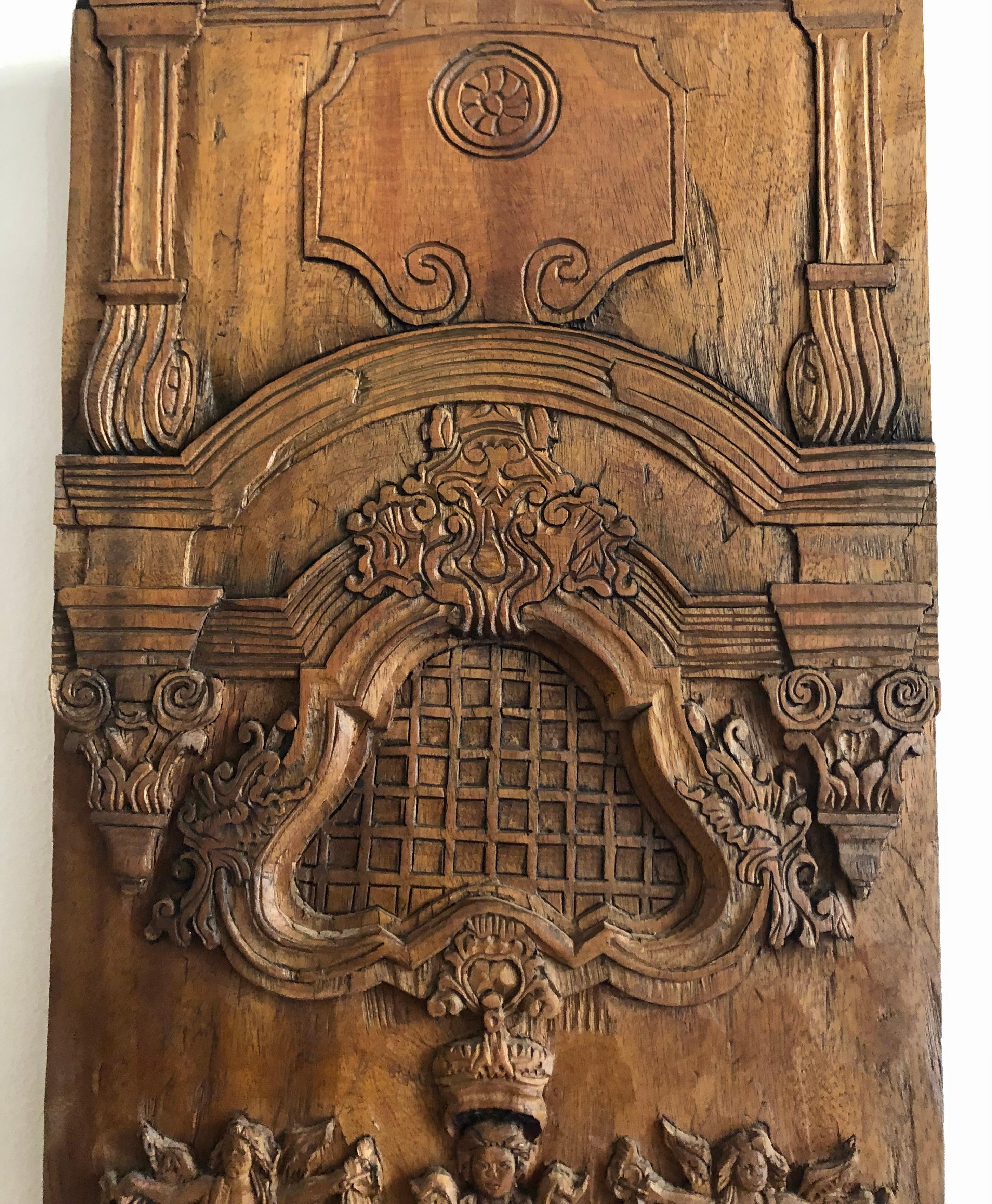 20th Century Classical carved Oak Wall Panel, Bas-relief, facade of a church