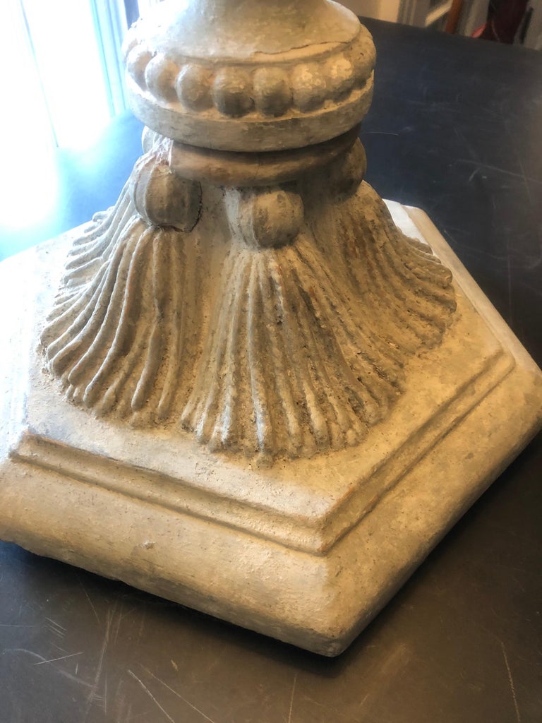 Classical Carved Wooden Finial Lamps with Grey Drum Shades For Sale at