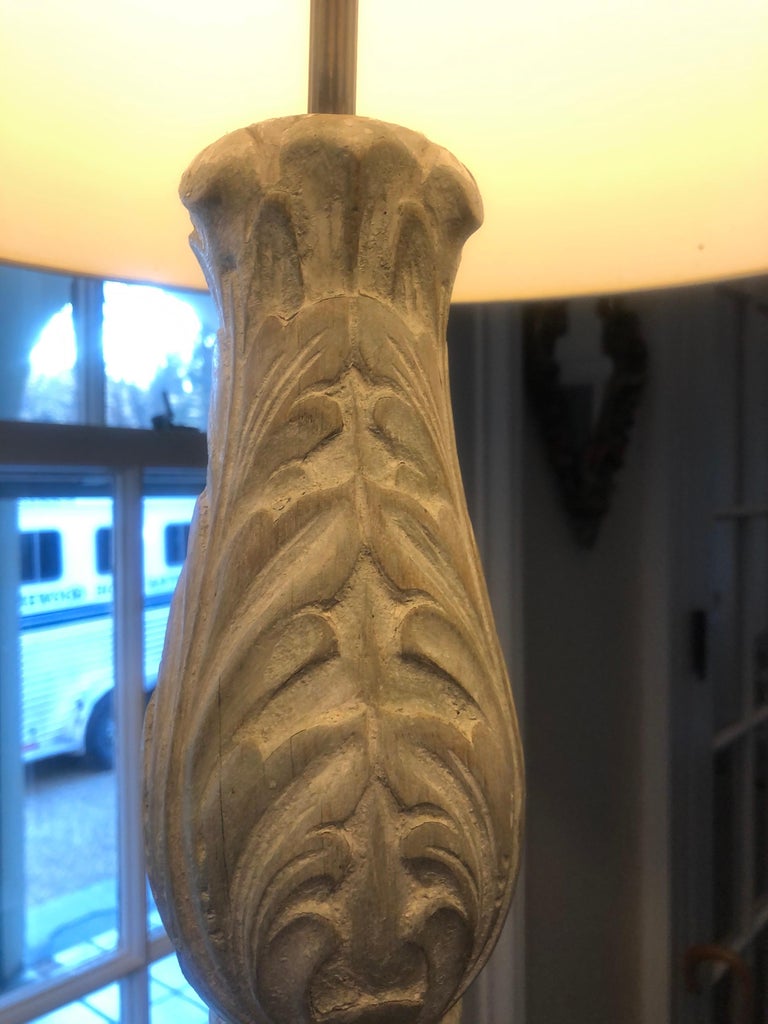 Classical Carved Wooden Finial Lamps with Grey Drum Shades For Sale at